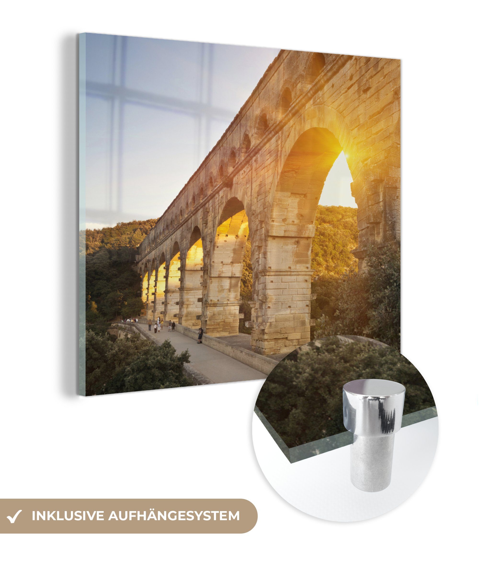 MuchoWow Acrylglasbild Die Sonne scheint durch den Pont du Gard in Frankreich, (1 St), Glasbilder - Bilder auf Glas Wandbild - Foto auf Glas - Wanddekoration