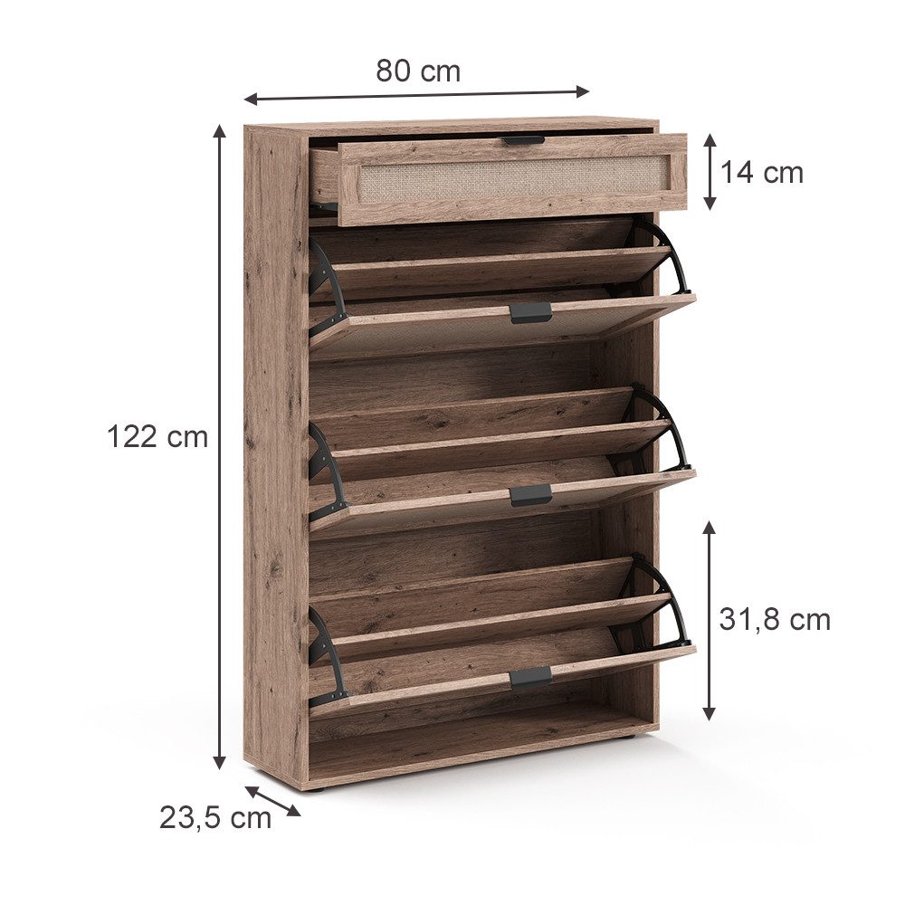 Vicco Schuhkipper Elven, Eiche, 80 x 122 cm mit 3 Kippfächern & 1 Schublade (1 St)