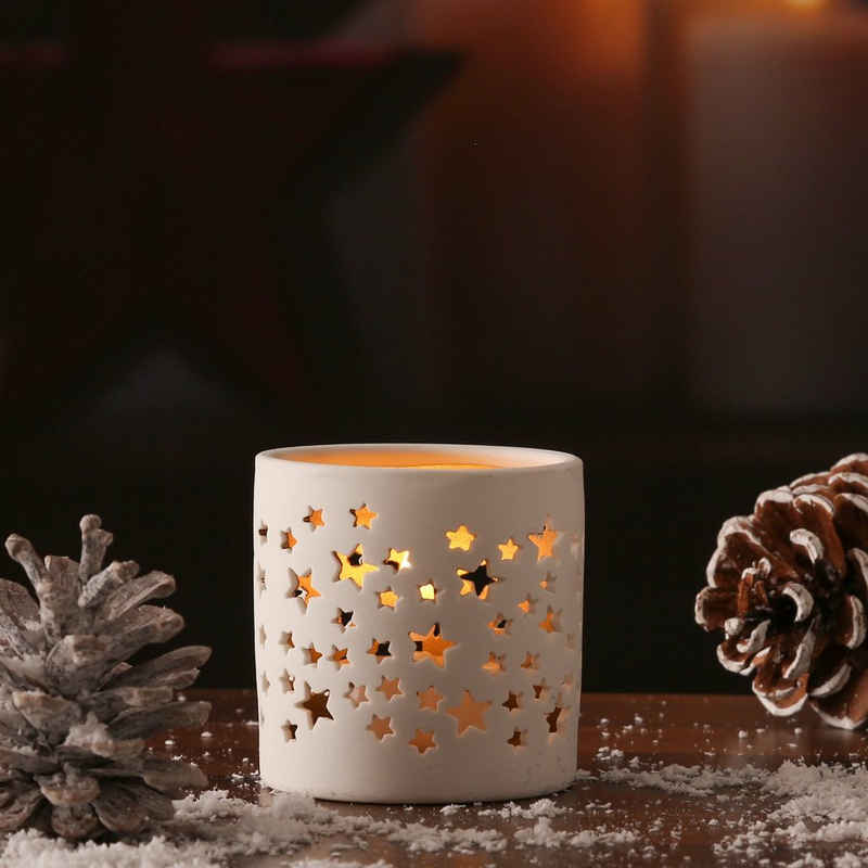 MARELIDA Windlicht »Teelichthalter Sterne Kerzenhalter Windlicht Porzellan 7cm Weihnachten weiß gold«