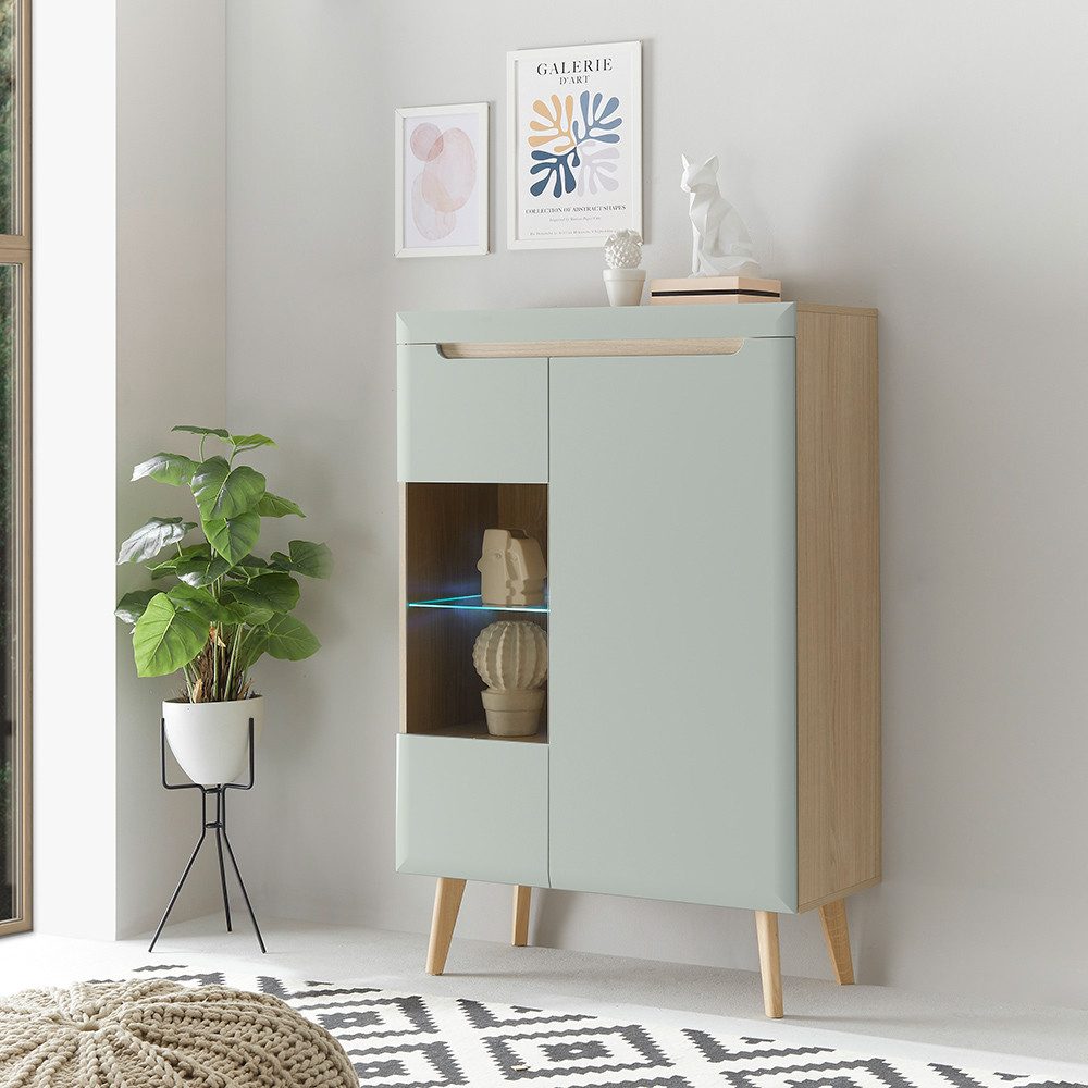 Lomadox Vitrine STOCKTON-61 grün mit Eiche Nb., 2 Türen, Softclose, B/H/T ca. 90/134/40cm