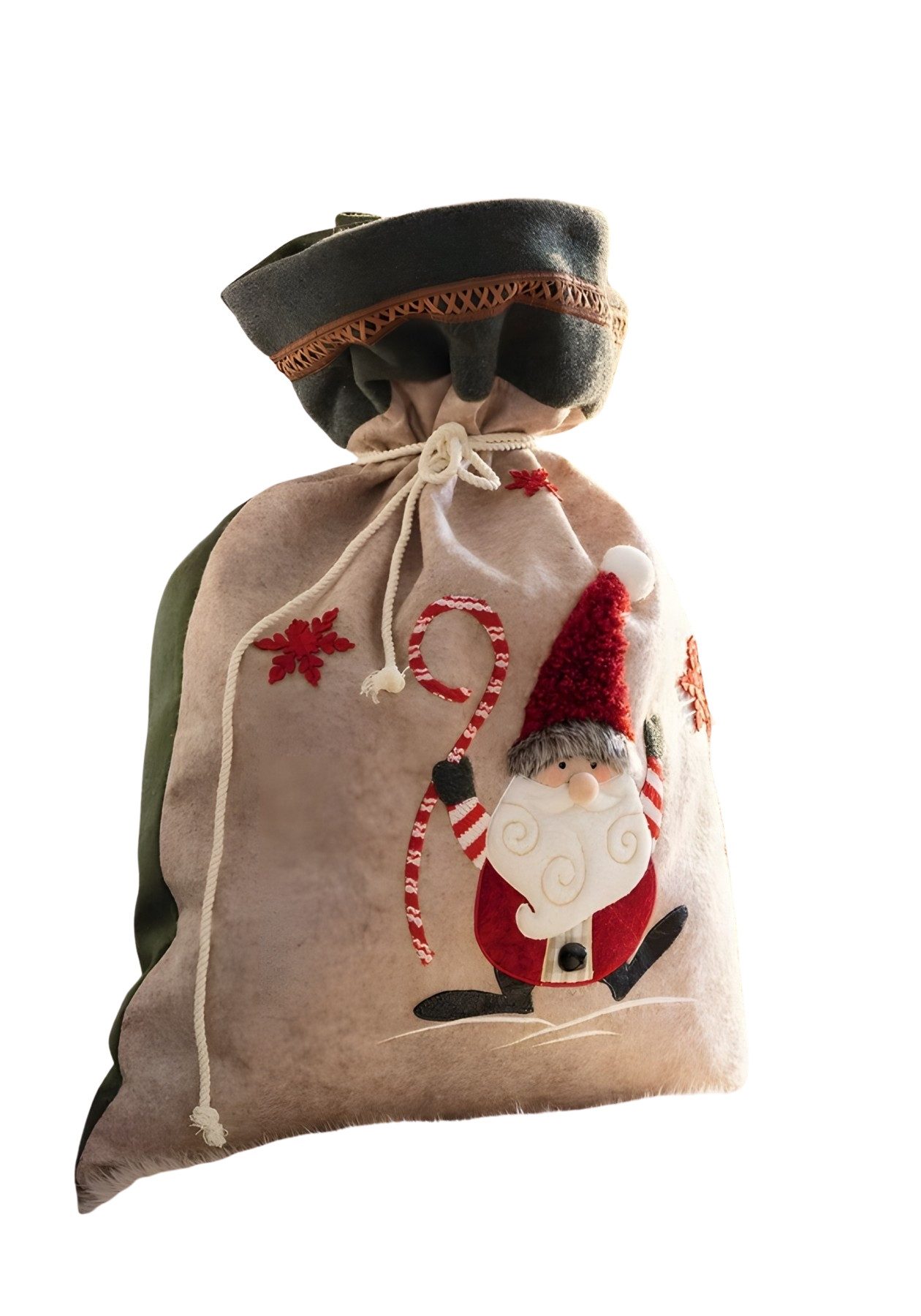 Dekoleidenschaft Aufbewahrungstasche Geschenkbeutel "Wichtel" aus Filz, grau / grün, 51x68 cm groß, Sack, Geschenksack mit Weihnachtsmannfigur, Filzbeutel, Weihnachtsdekoration