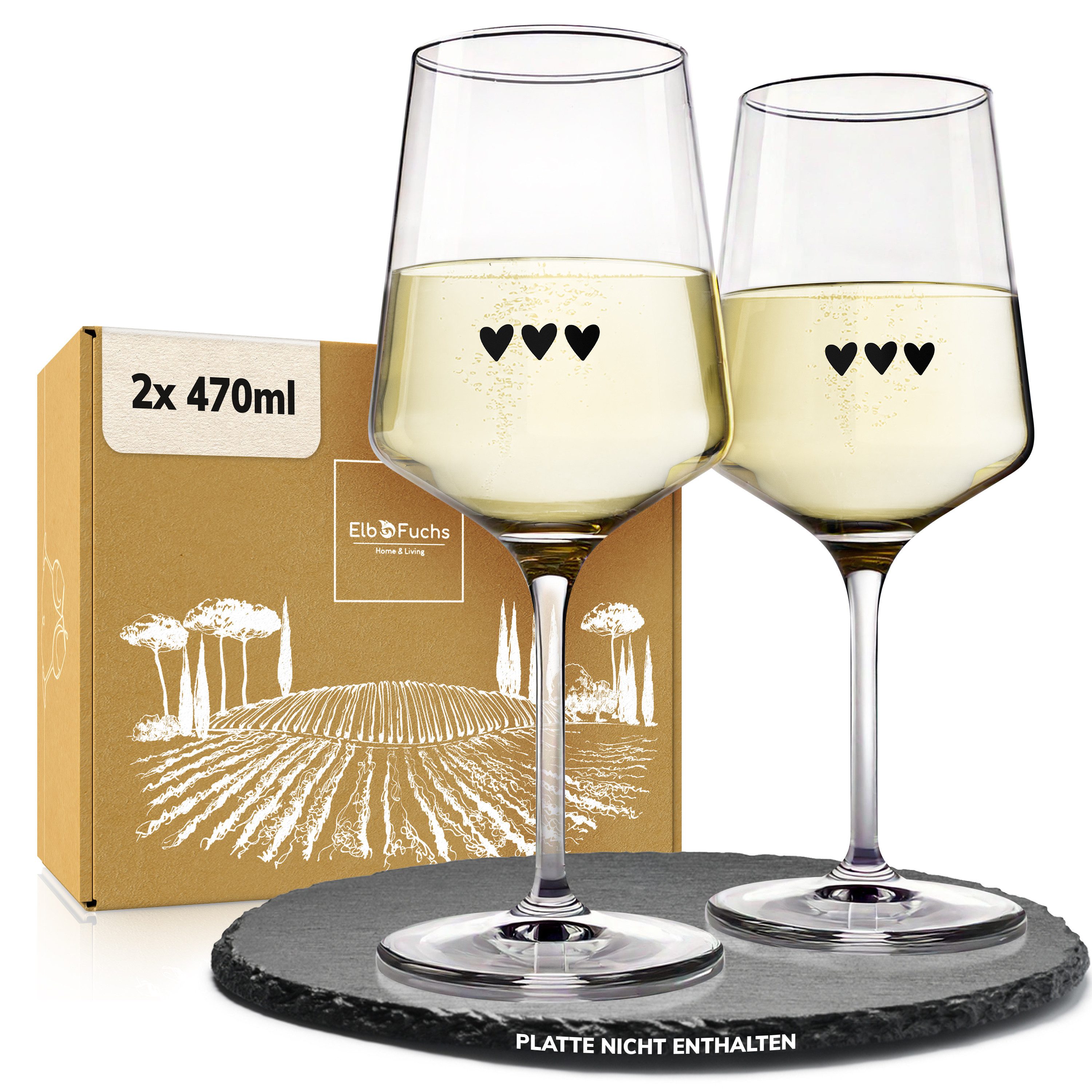 ElbFuchs Aperitifglas Midnight Affection mit schwarzen Herzen, 2-tlg., Borosilikatglas, 470 ml, Spülmaschinenfest