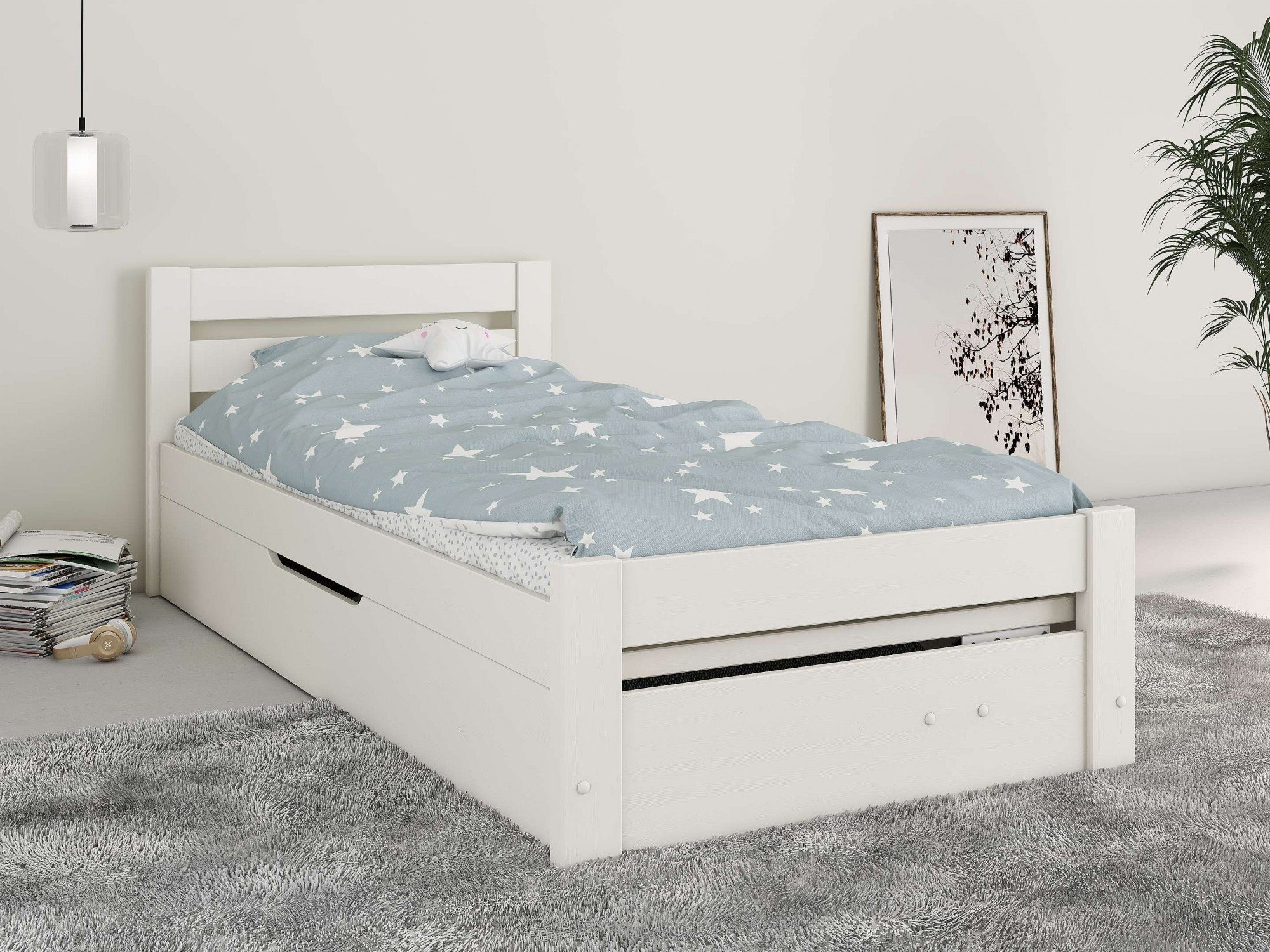 Lüttenhütt Massivholzbett "GODJE ", TOPSELLER, zertifiziertes Massivholz (Kiefer) (Bettkasten beidseitig montierbar (rechts oder links zu öffnen), seitlich aufklappbarer Bettkasten mit viel Stauraum, skandinavisch