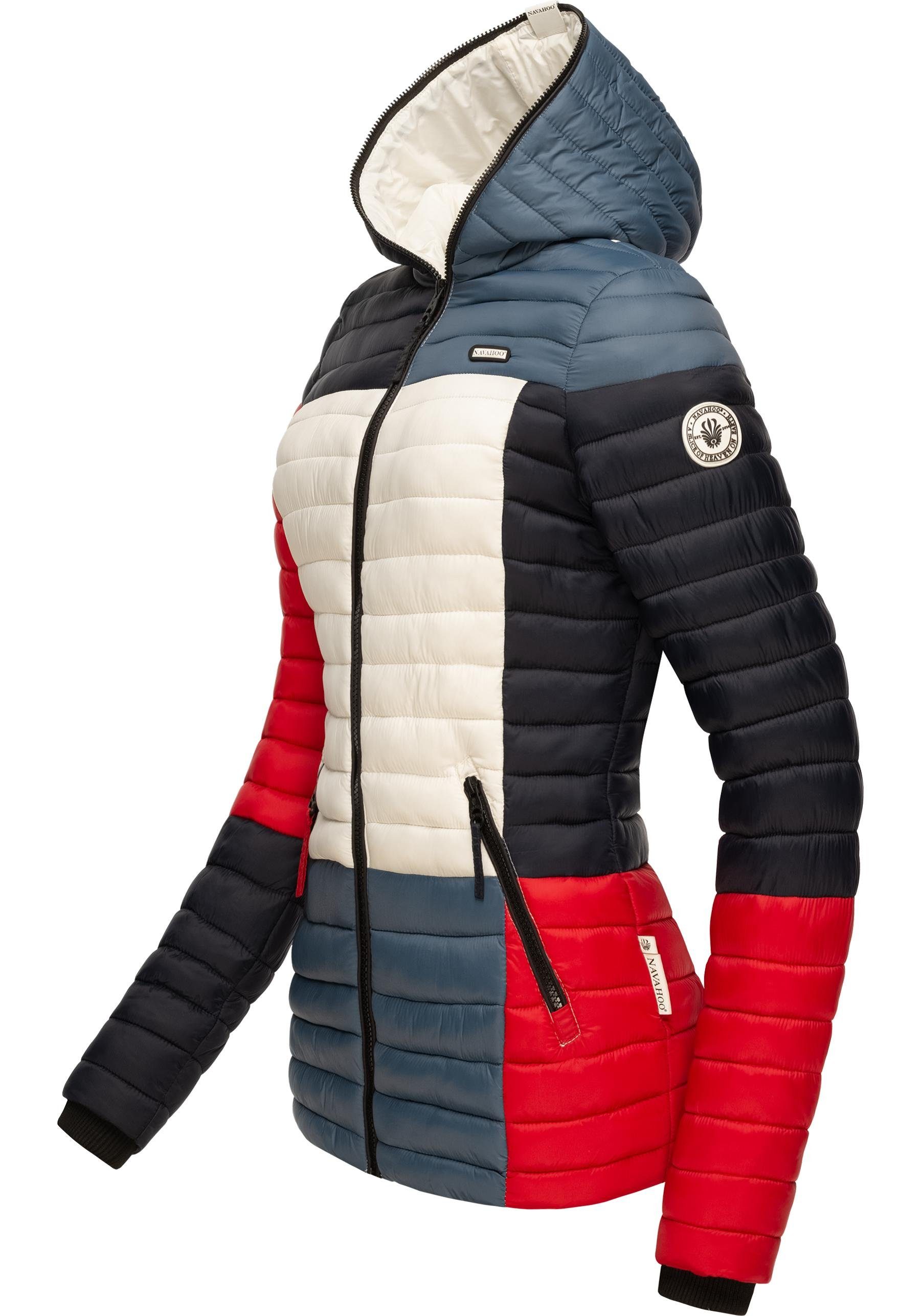 Navahoo Steppjacke Multikulti stylische m. Colorblocking Übergangsjacke blau Kapuze