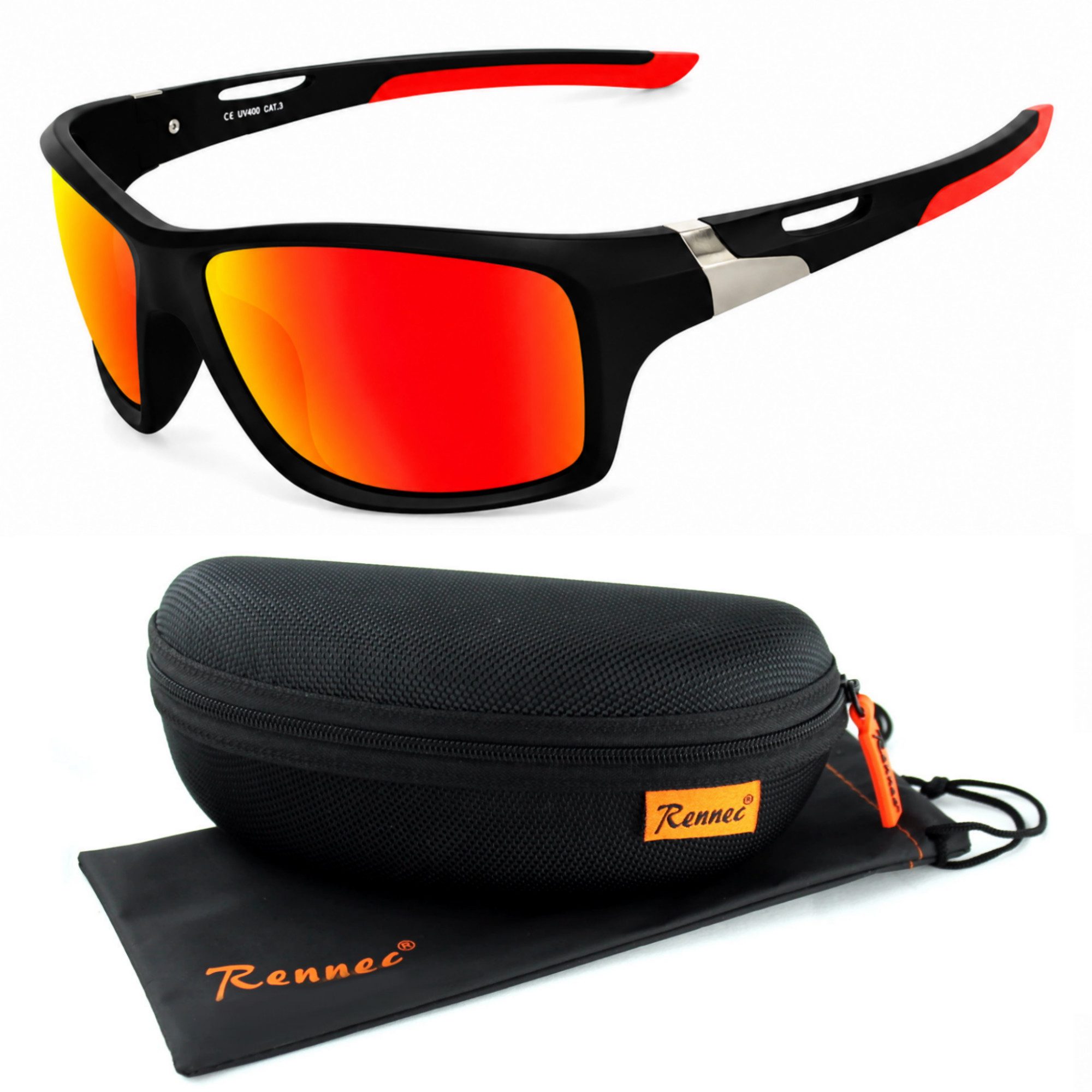 Rennec Sonnenbrille Herren Sportbrille Radbrille Polarisiert mit Outdoor Hardcase Gläser Schwarz Getönt, Rot oder Blau Verspiegelt, Gelb Night Vision