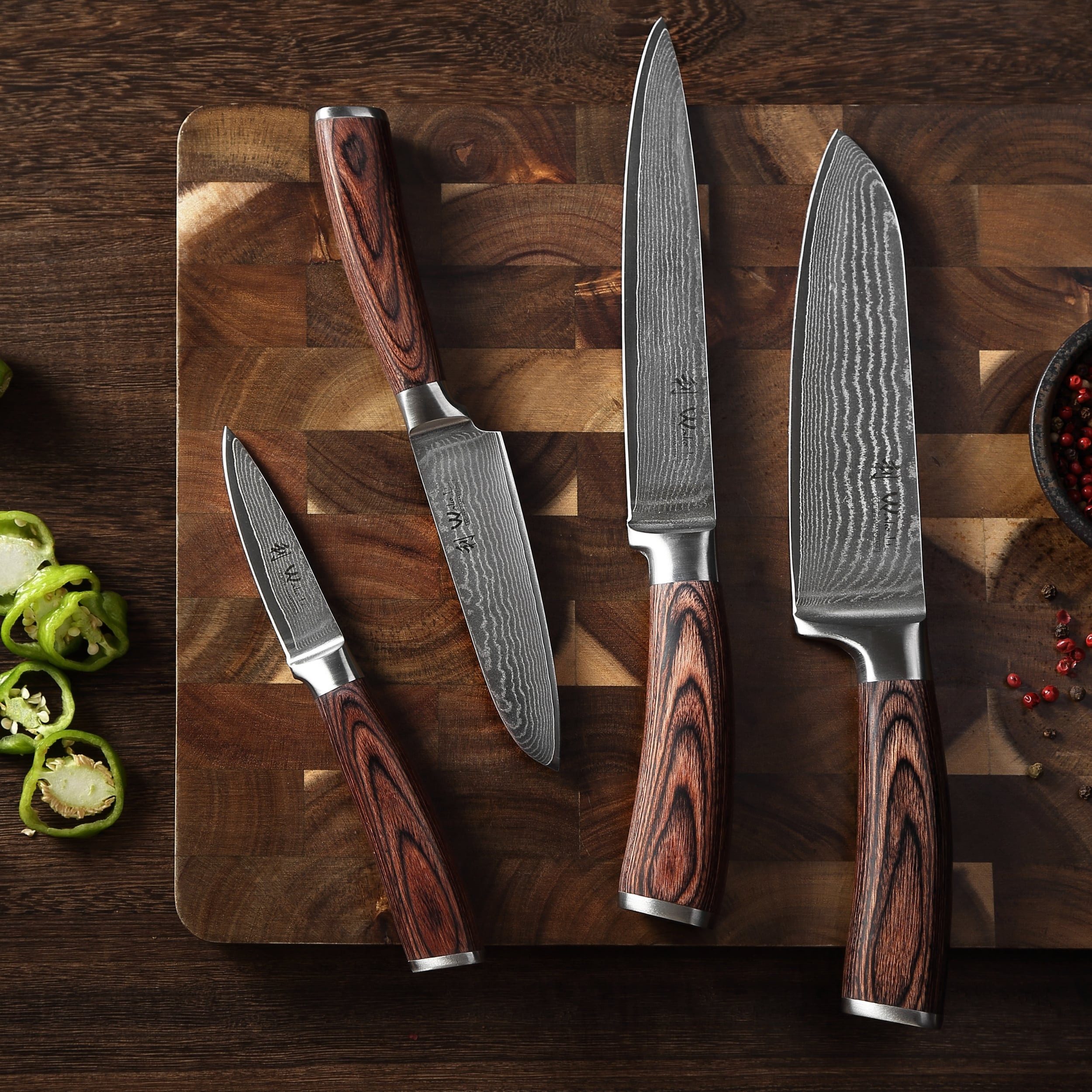 Wakoli Messer-Set Edib 4er Damastmesser-Set I Kochmesser Küchenmesser 8 bis 18cm Klingen (Damastmesser mit Geschenkbox, 4-tlg., 4er Damastmesser-Set), Aus 67 Lagen Damaststahl, VG10 Kern, Pakkaholzgriff, inkl. Geschenkbox