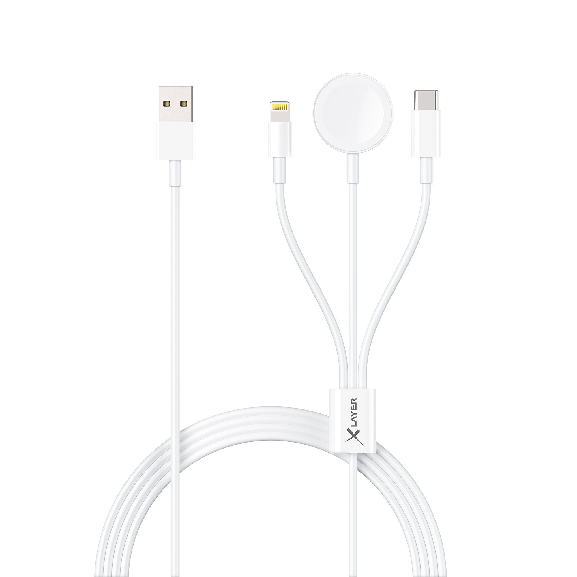 XLAYER 3-in-1 Apple Multi Ladekabel, USB-C, Lightning, Watch Wireless Charger Smartphone-Kabel, USB Typ C, Lightning, Apple Watch Charger, USB Typ C, Lightning, Apple Watch Charger (150.00 cm)