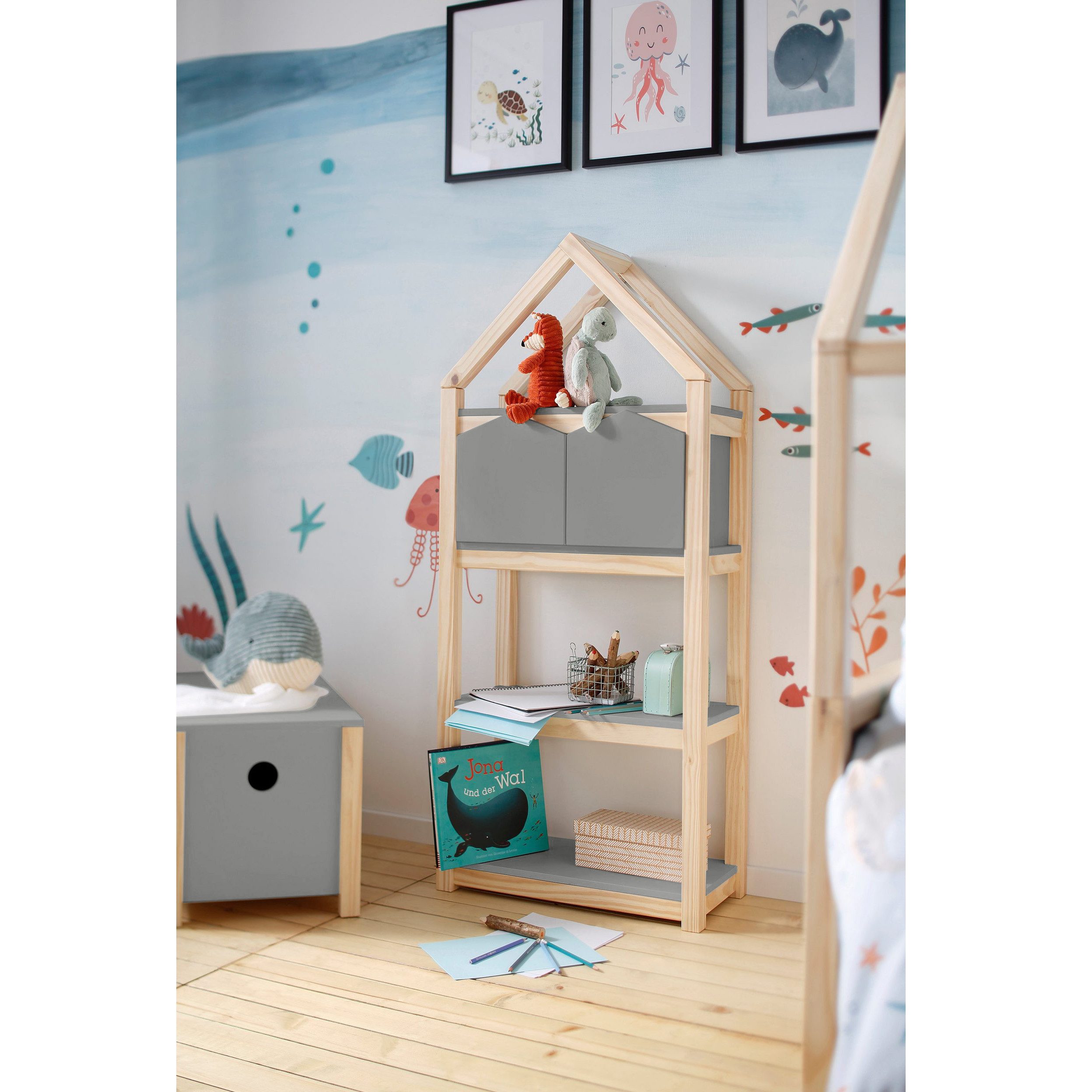 loft24 Kinderregal Bob, Bücherregal, Standregal, Regal mit 2 Aufbewahrungsfächern, Kiefer