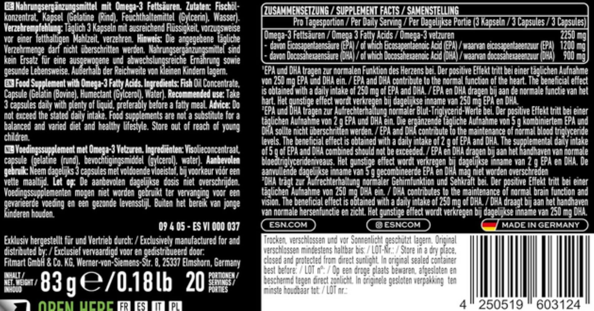 ESN ESN Omega-3 - 60 Kapseln Kapseln, 83 g, Hochdosierte Tagesportion mit insgesamt 2.250 mg Omega-3-Fettsäuren