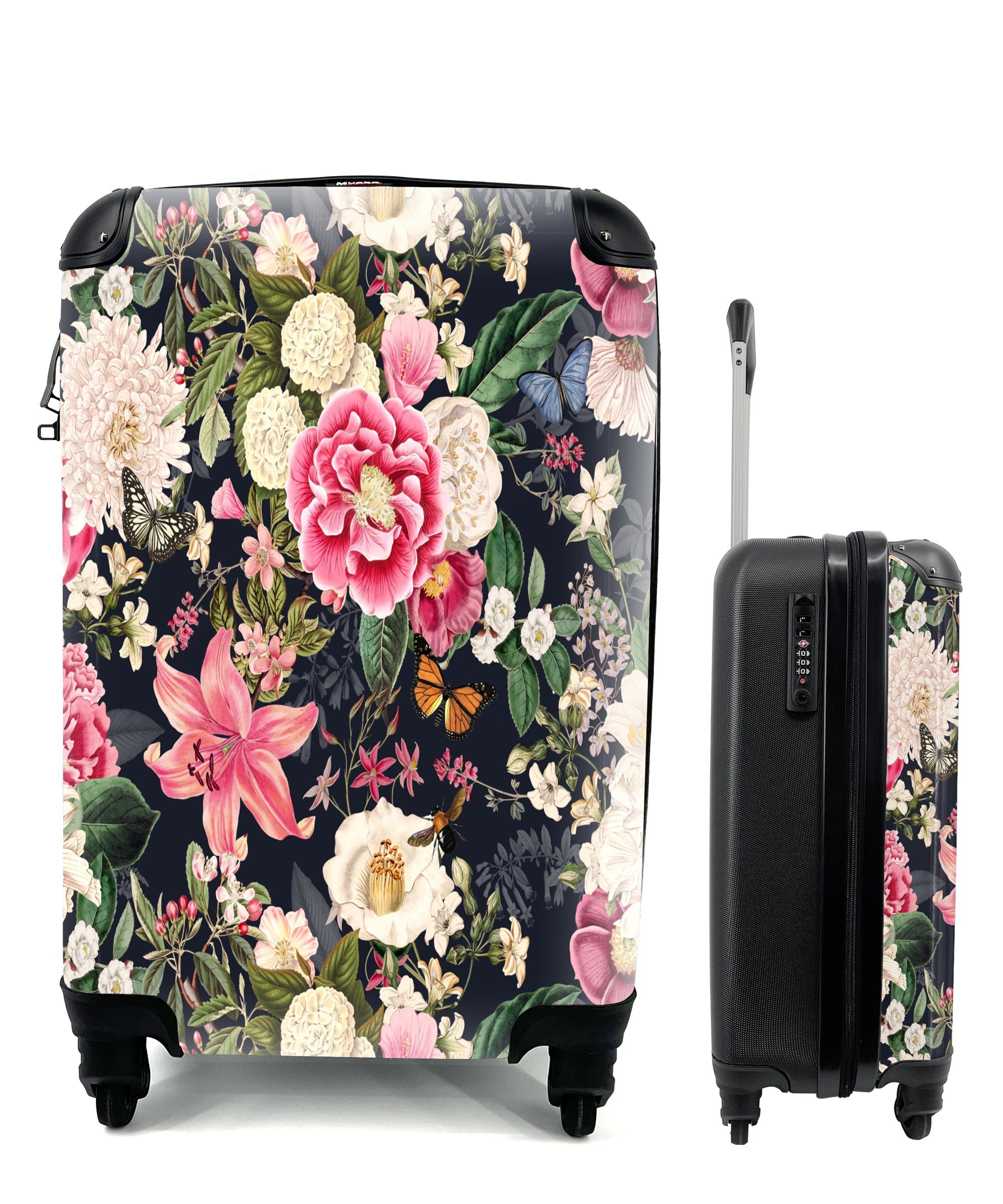 MuchoWow Handgepäckkoffer Blumen - Muster - Rosa, 4 Rollen, Reisetasche mit rollen, Handgepäck für Ferien, Trolley, Reisekoffer