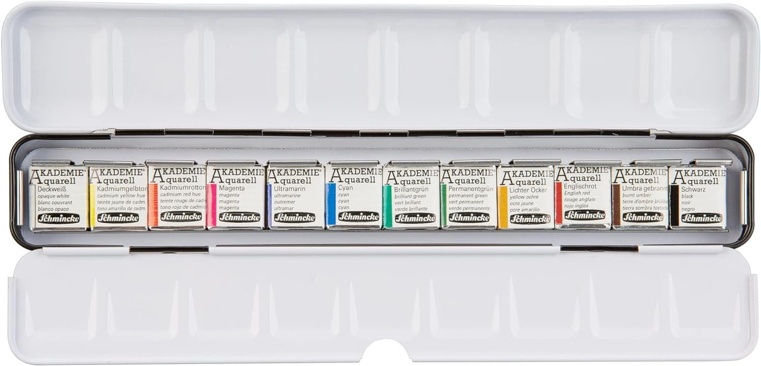 Schmincke Aquarellfarbe, schmaler Leerkasten für Akademie, Horadam 12x 1/2 Näpfchen