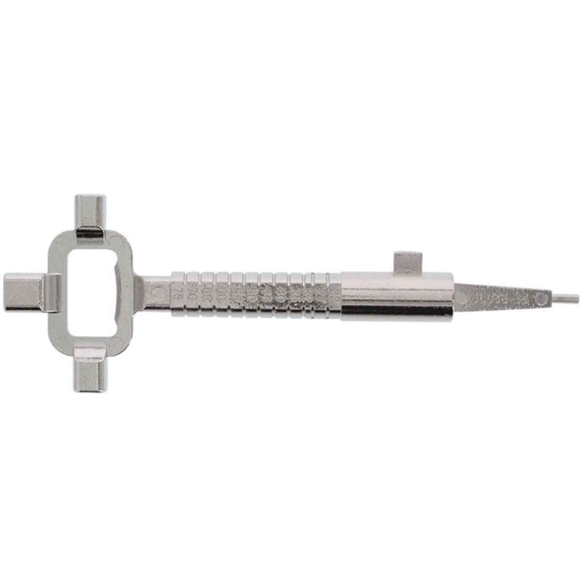 FEPS Bauschlüssel Universal Werkzeug mit integriertem Flaschenöffner in silber, (kombiniert eine Zylindermesslehre, ein Türöffnungswerkzeug und einen Vierkant-Dornschlüssel)