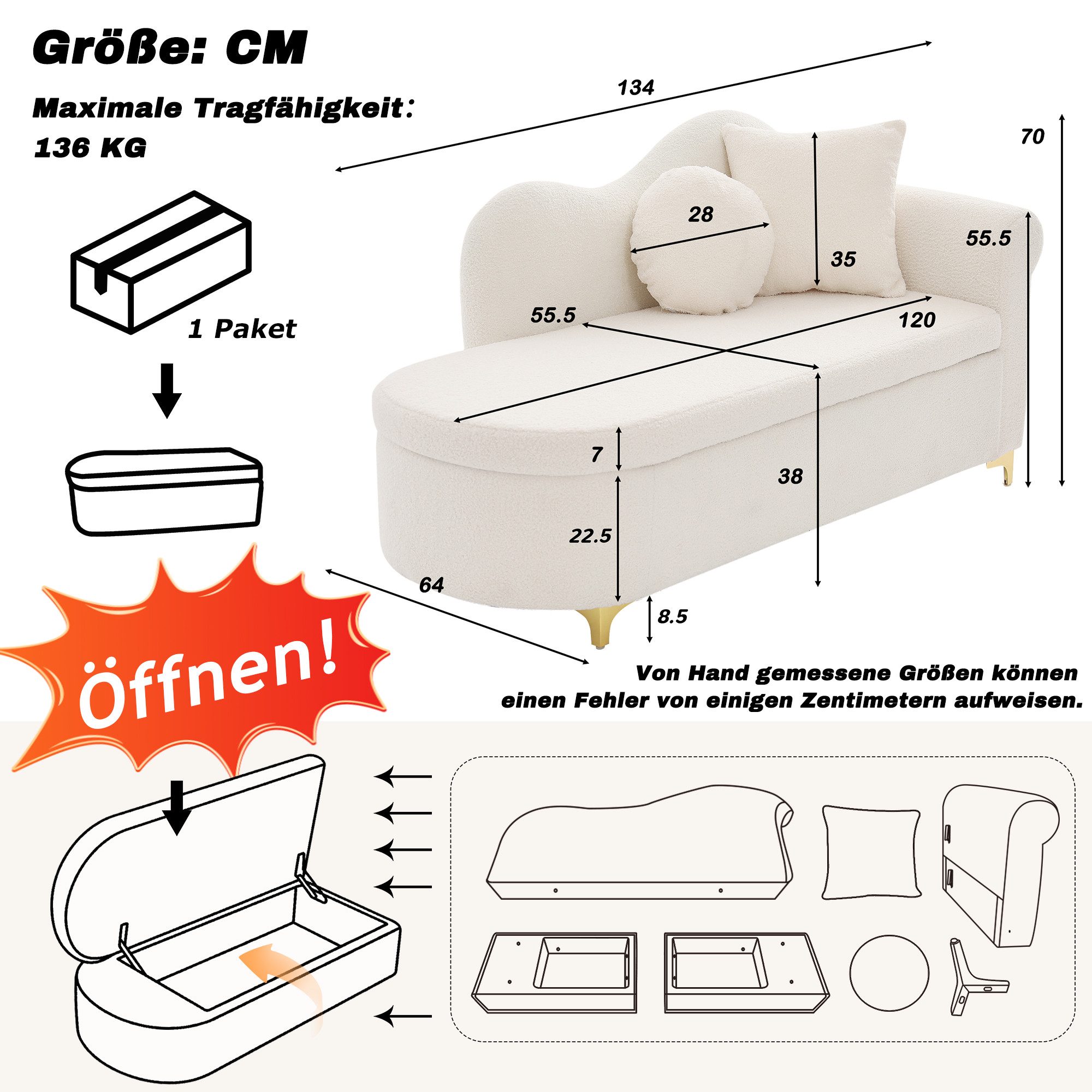 Odikalo Chaiselongue Relaxsessel Freizeitstuhl mit Stauraum & Schlaffunktion, modernes Design wellenförmige Rückenlehne Lammfell-Optik-Stoff hochdichter Sitzkis – Bild 4 von 5