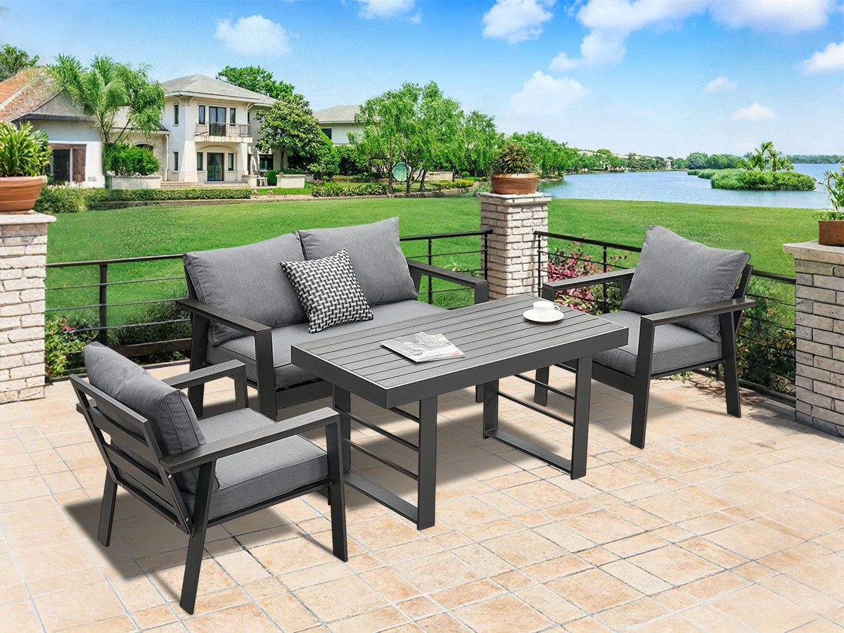 MeXo Gartenlounge-Set Gartenmöbel Set Aluminium 4 Personen bequeme Lehne, (Garten Essgruppe, 76 cm Extra breite Sitze mit Ergonomische Rückenlehnen, 4-tlg., Esstisch 130x66x66cm), wetterfest Balkonmöbel set, Dining Lounge, Tischplatte aus WPC