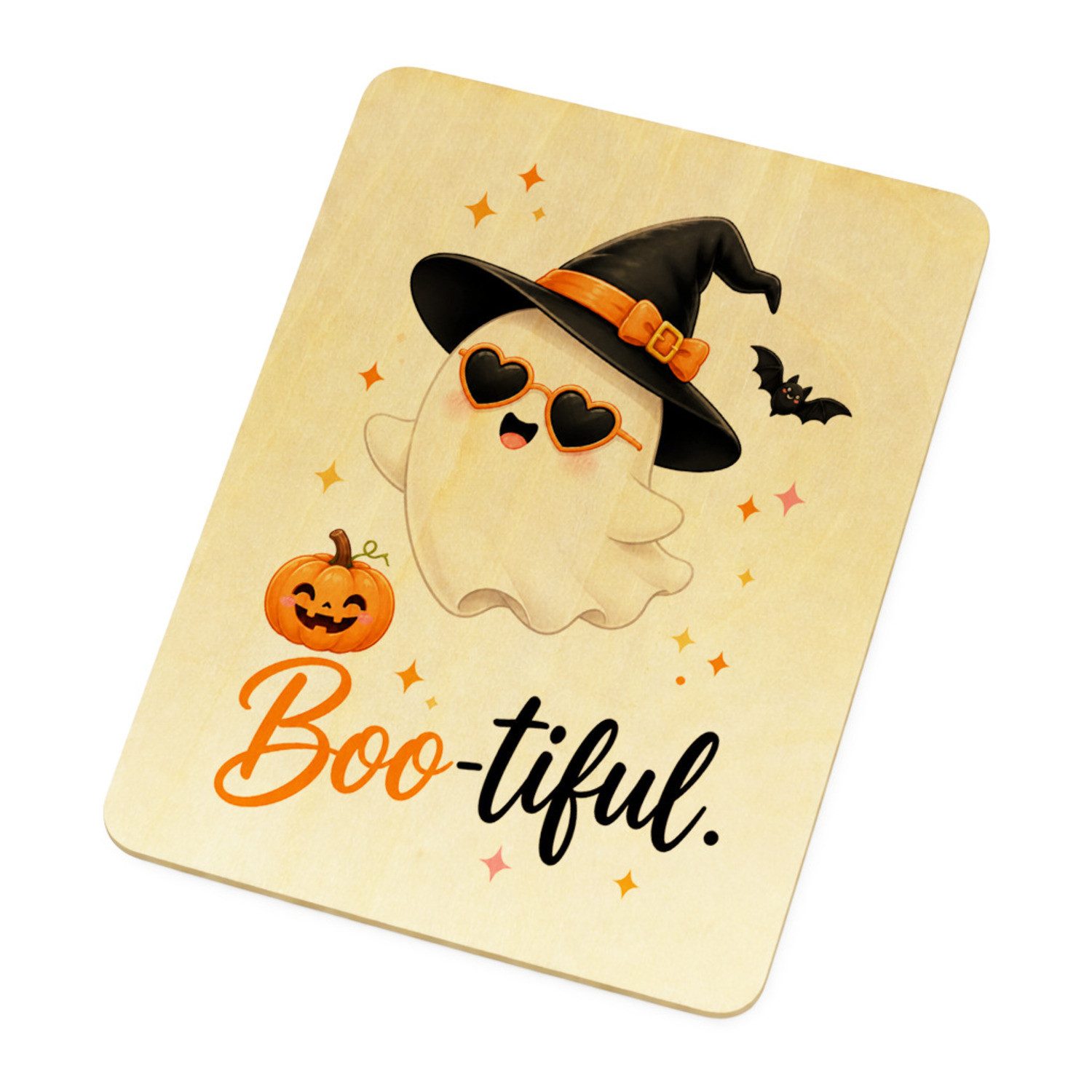 speecheese Postkarte Postkarte Holz Boo tiful süßes Halloweenmotiv mit Geist Spruch: als