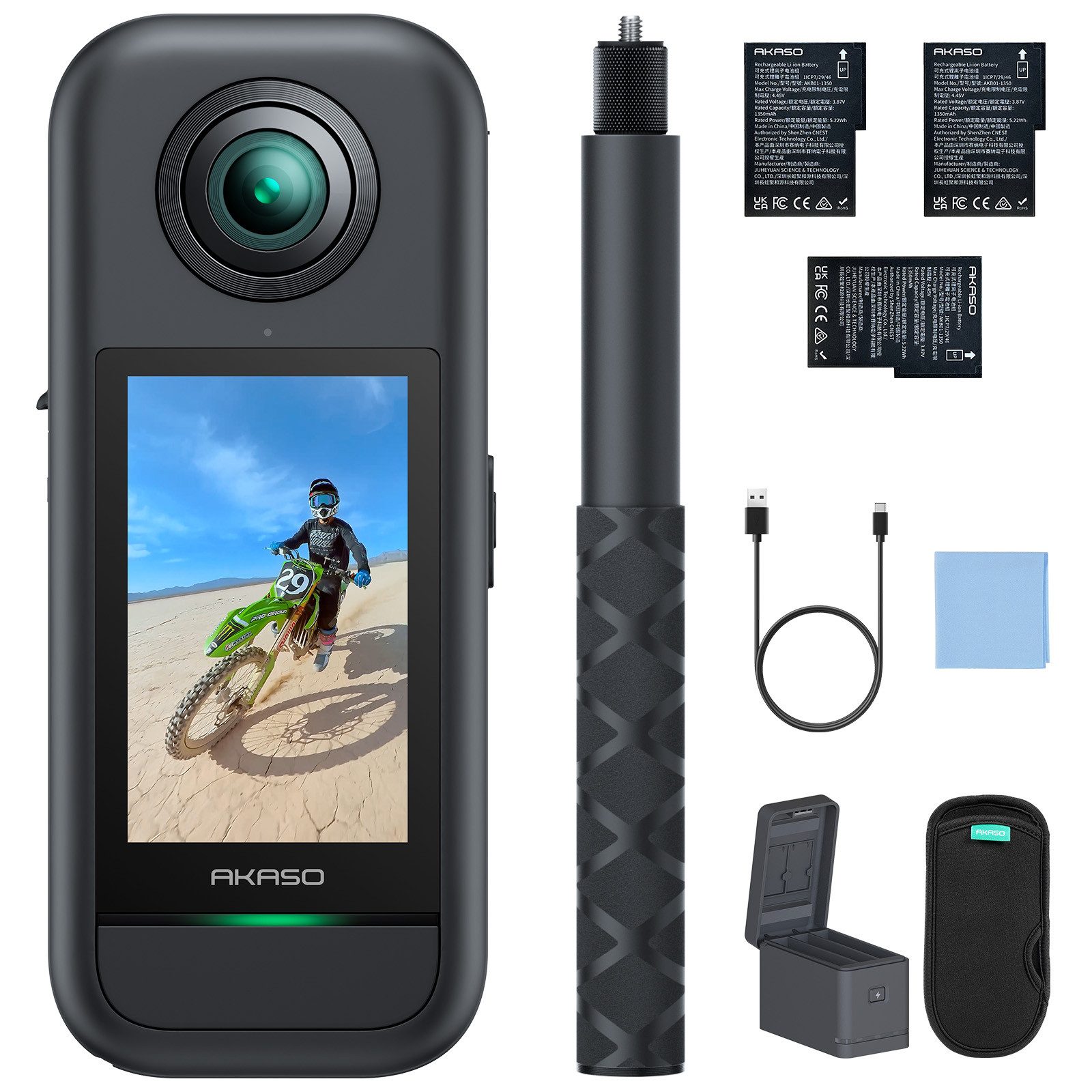 Akaso 360 Action Cam (5.7K,4K, 2,29" Touchscreen, 360° Horizon Lock, KI-Tracking, Invisible Stick)