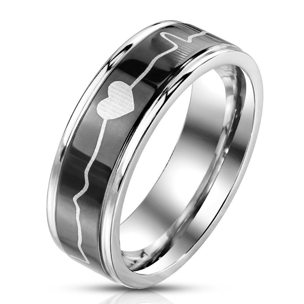 BUNGSA Fingerring 52 (16.6) - Ring Herzschlag Silber/Schwarz aus Edelstahl Unisex (Ring, 1-tlg), Damen Herren