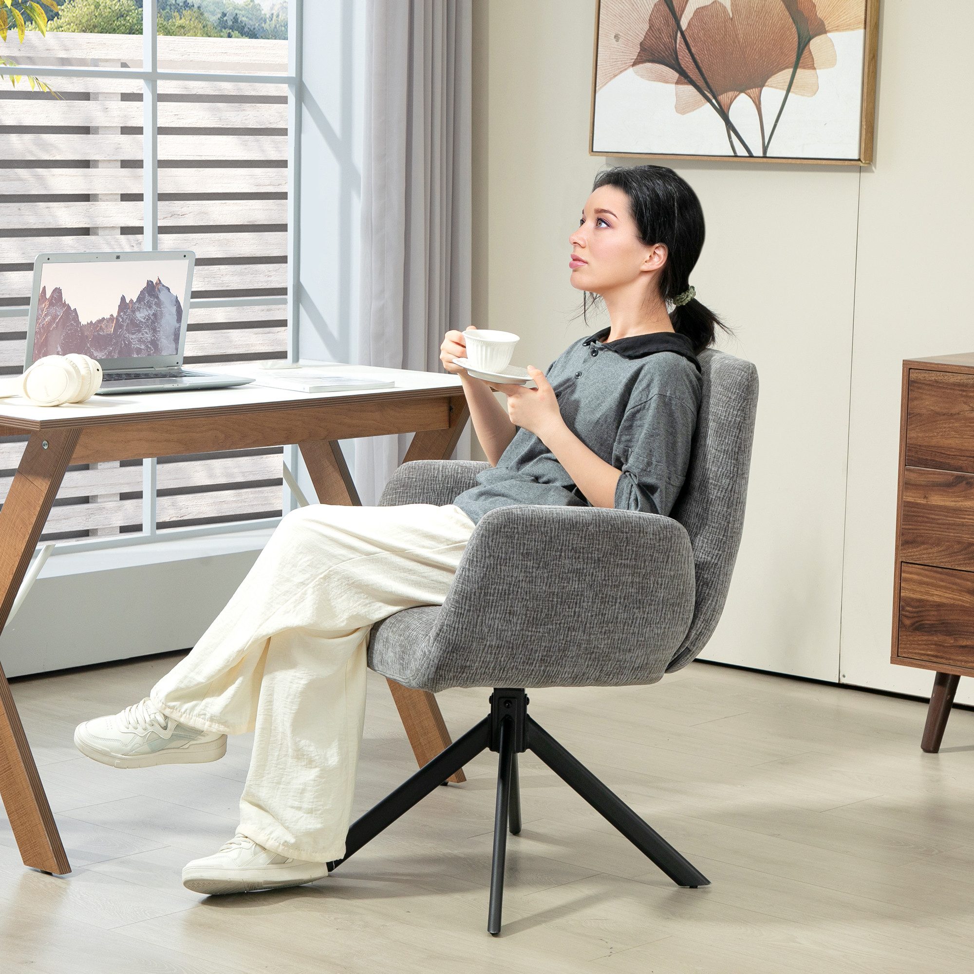 HOMCOM Relaxsessel Sessel Drehbar mit Armlehne, Wolle-Leinenoptik (Loungesessel, 1-St., Polsterstuhl), für Wohnzimmer, Schlafzimmer, Dunkelgrau