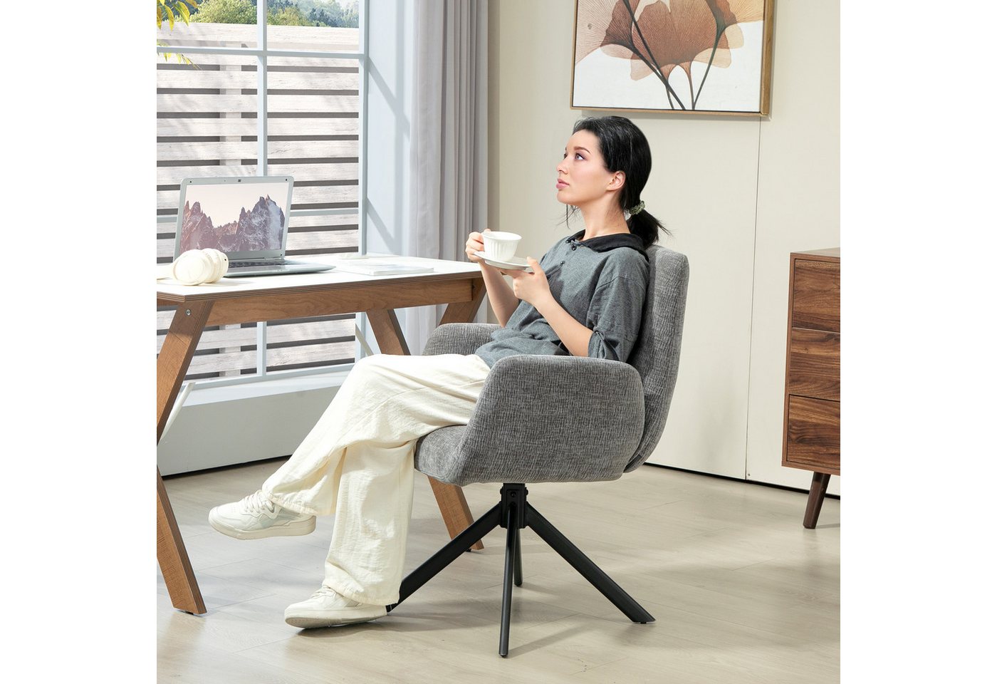 HOMCOM Relaxsessel Sessel Drehbar mit Armlehne, Wolle-Leinenoptik (Polsterstuhl, 1-St., Loungesessel), für Wohnzimmer, Schlafzimmer, Dunkelgrau