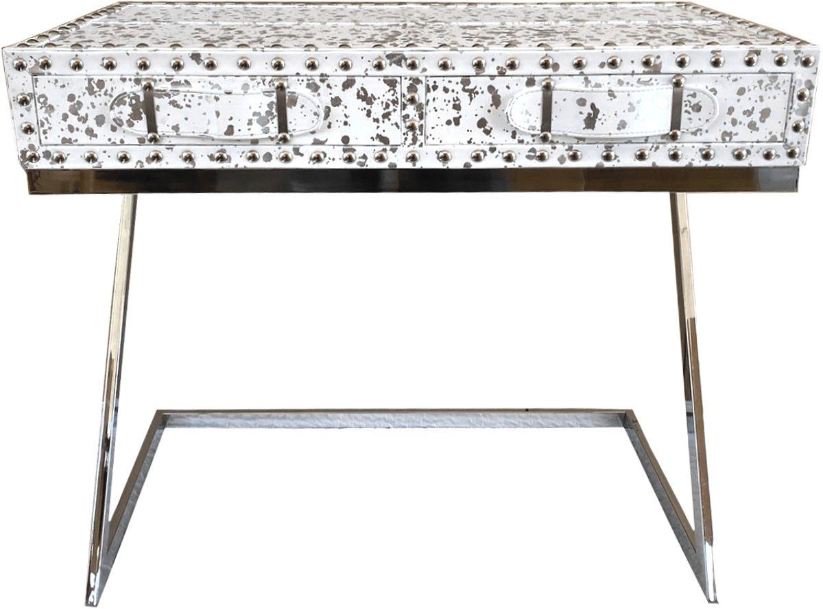 Casa Padrino Schreibtisch Luxus Schreibtisch mit 2 Schubladen Weiß / Silber 110 x 50 x H75 Leder / Metall - Sekretär