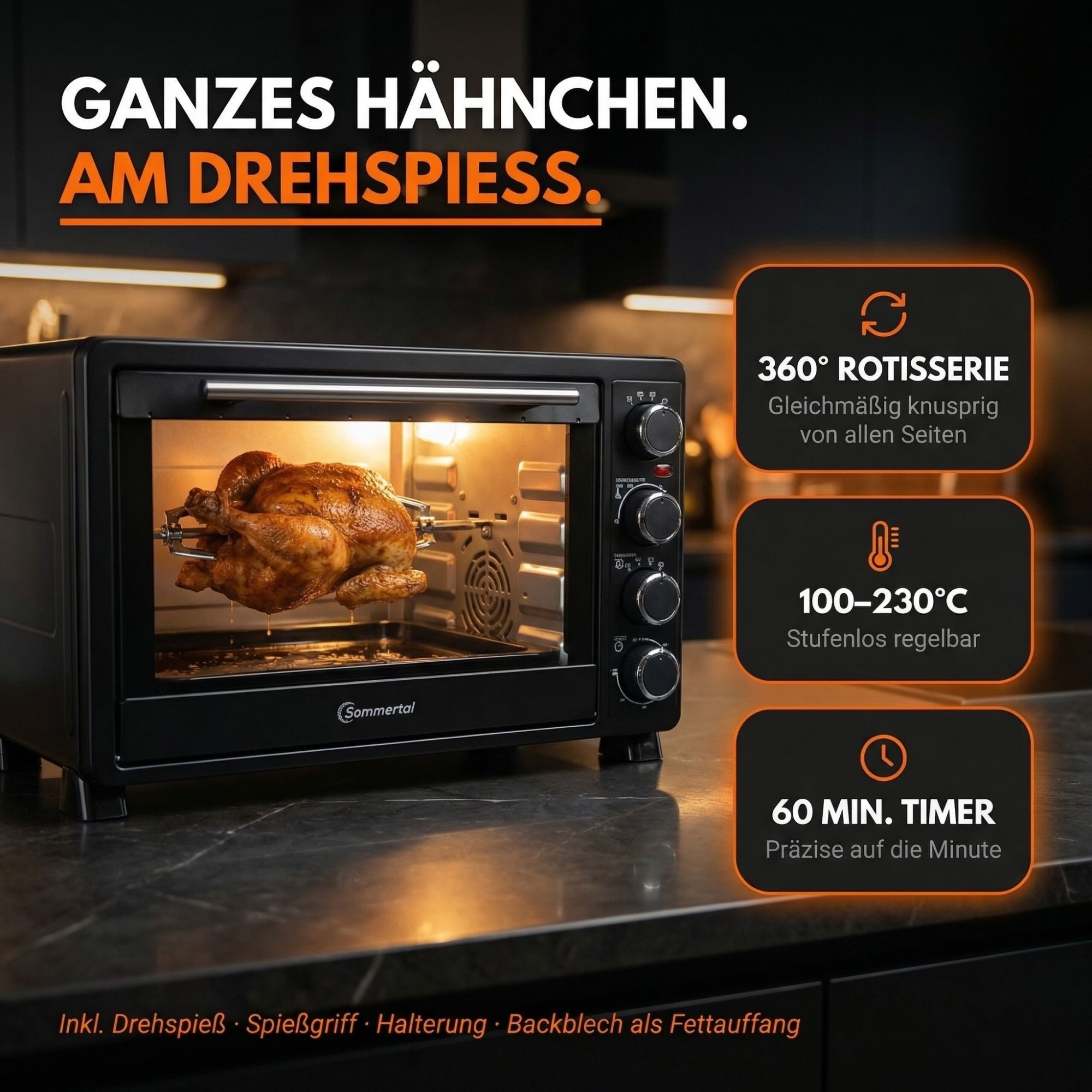 Sommertal Multiofen Sommertal Minibackofen 30 Liter mit Drehspieß & Umluft, 1500W, Hähnchengrill, Backen, Grillen & Pizza, Campingbackofen, inkl. Zubehör
