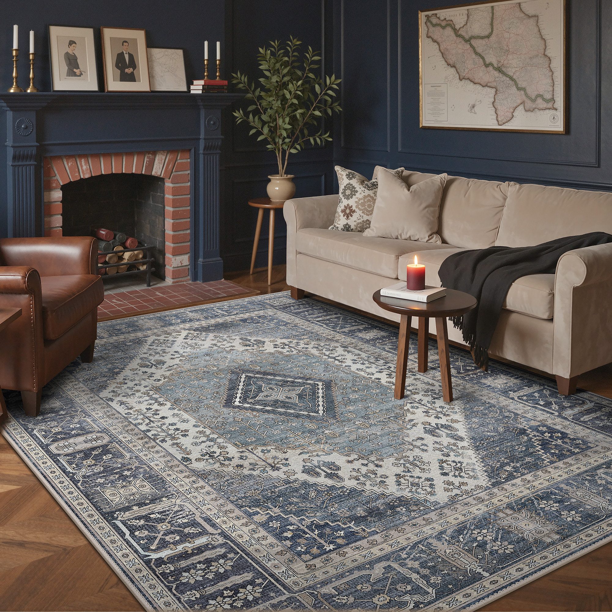 GENIMO Teppich Wohnzimmer Teppich, Boho Vintage, waschbar, rutschfest, Kurzflor, rechteckig, 120x170cm, blau