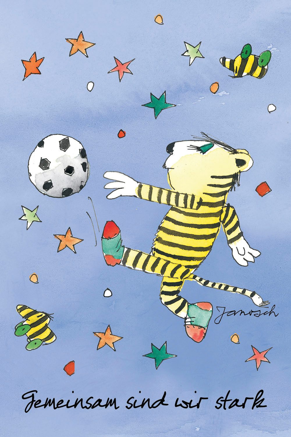LuckyLinde Leinwandbild Der kleine Tiger mit Fußball - Gemeinsam stark, Ente, Enten, Figuren, Filmfiguren, Motivationsbilder, Schriftzug, Sport, Sprüche, Tiere, Tiger, little star (1 St), Exklusive JANOSCH Kindermotive
