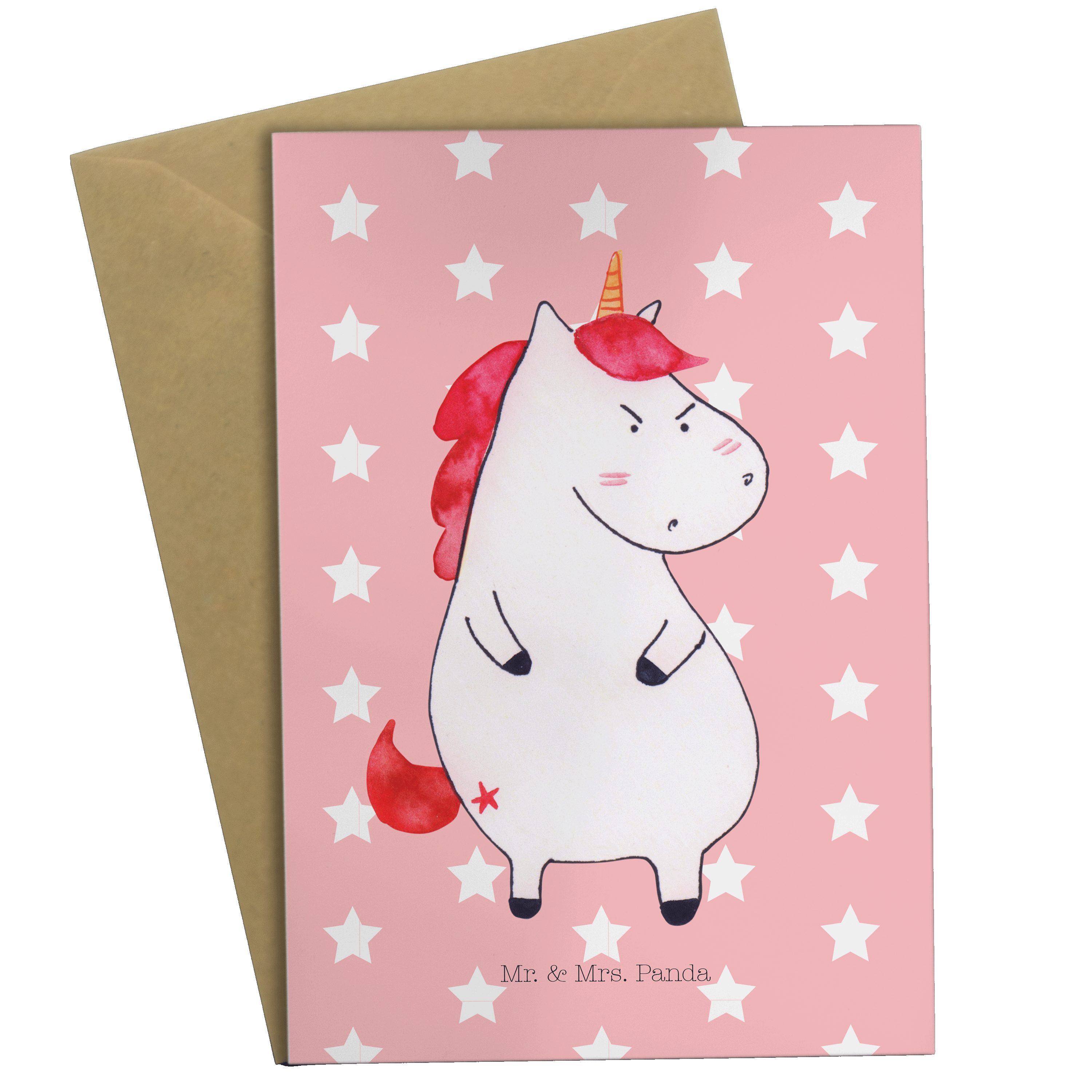Mr. & Mrs. Panda Grußkarte Einhorn wütend - Rot Pastell - Geschenk, Pegasus, Geburtstagskarte, E