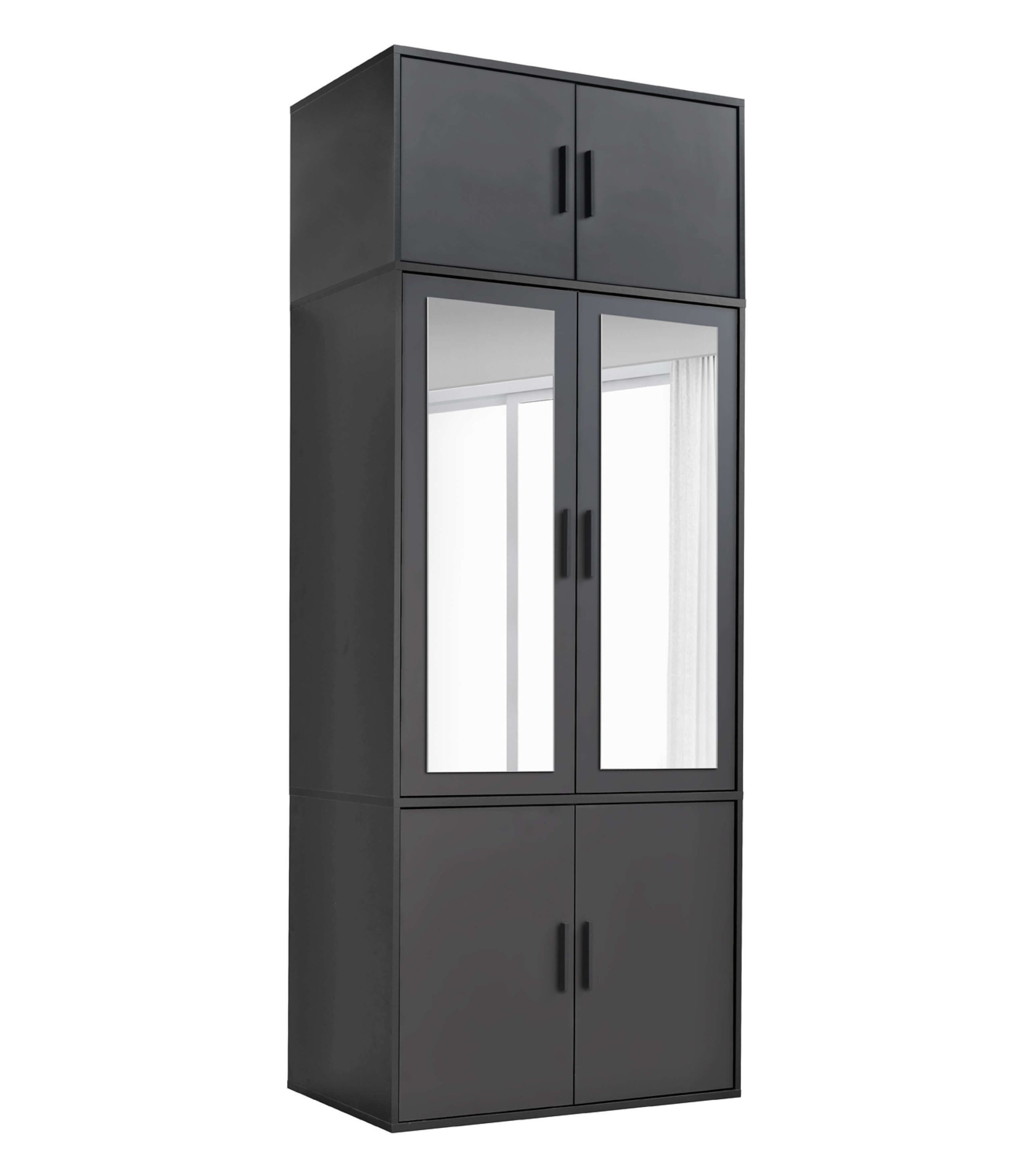 mokebo Kleiderschrank Der Grenzenlose (4-Türig mit Fächern) deckenhoher Schrank mit Spiegeltüren in Schwarz