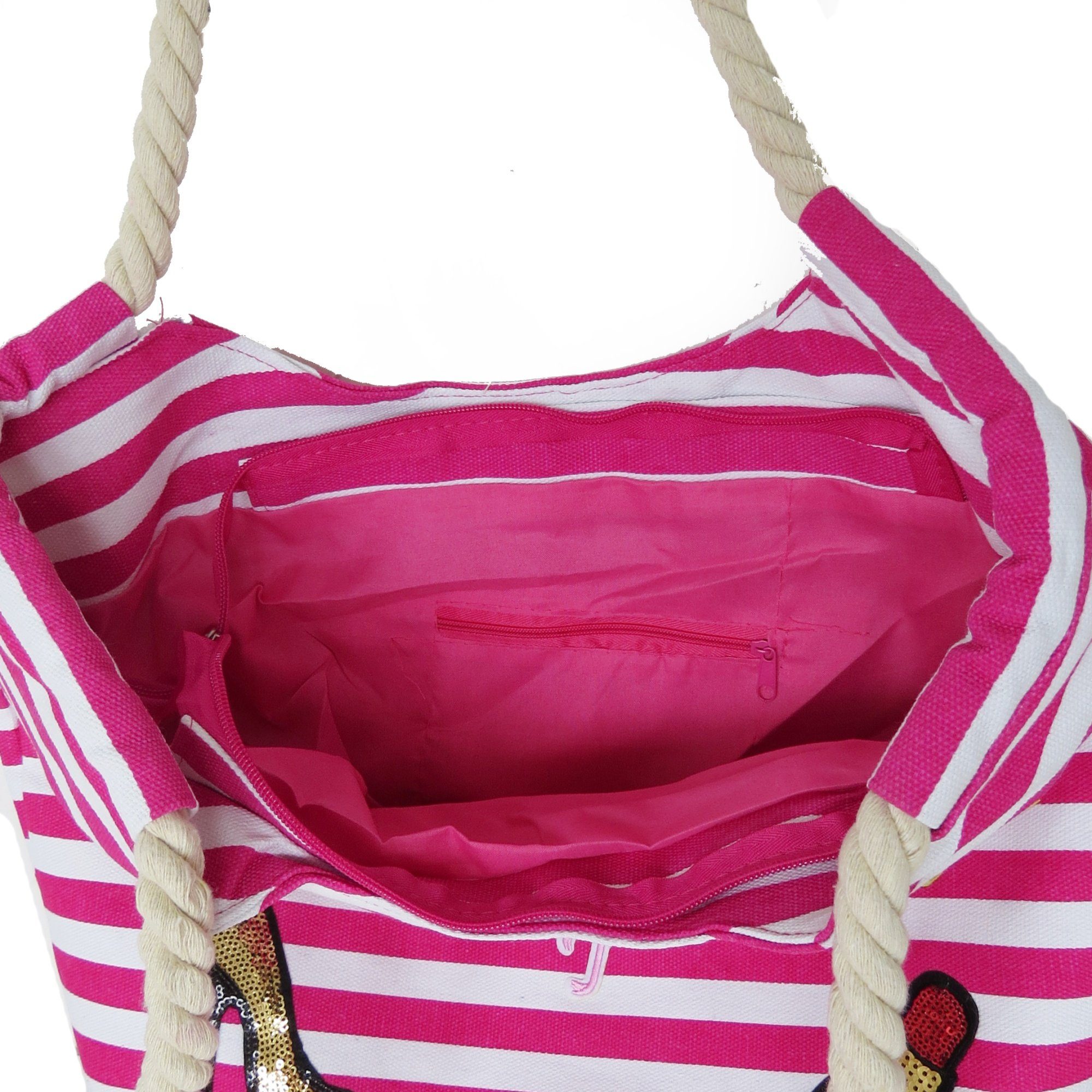 Strandtasche pink gestreift mit Flamingo Umhängetasche Sonia Patch Originelli maritim Aufnähern