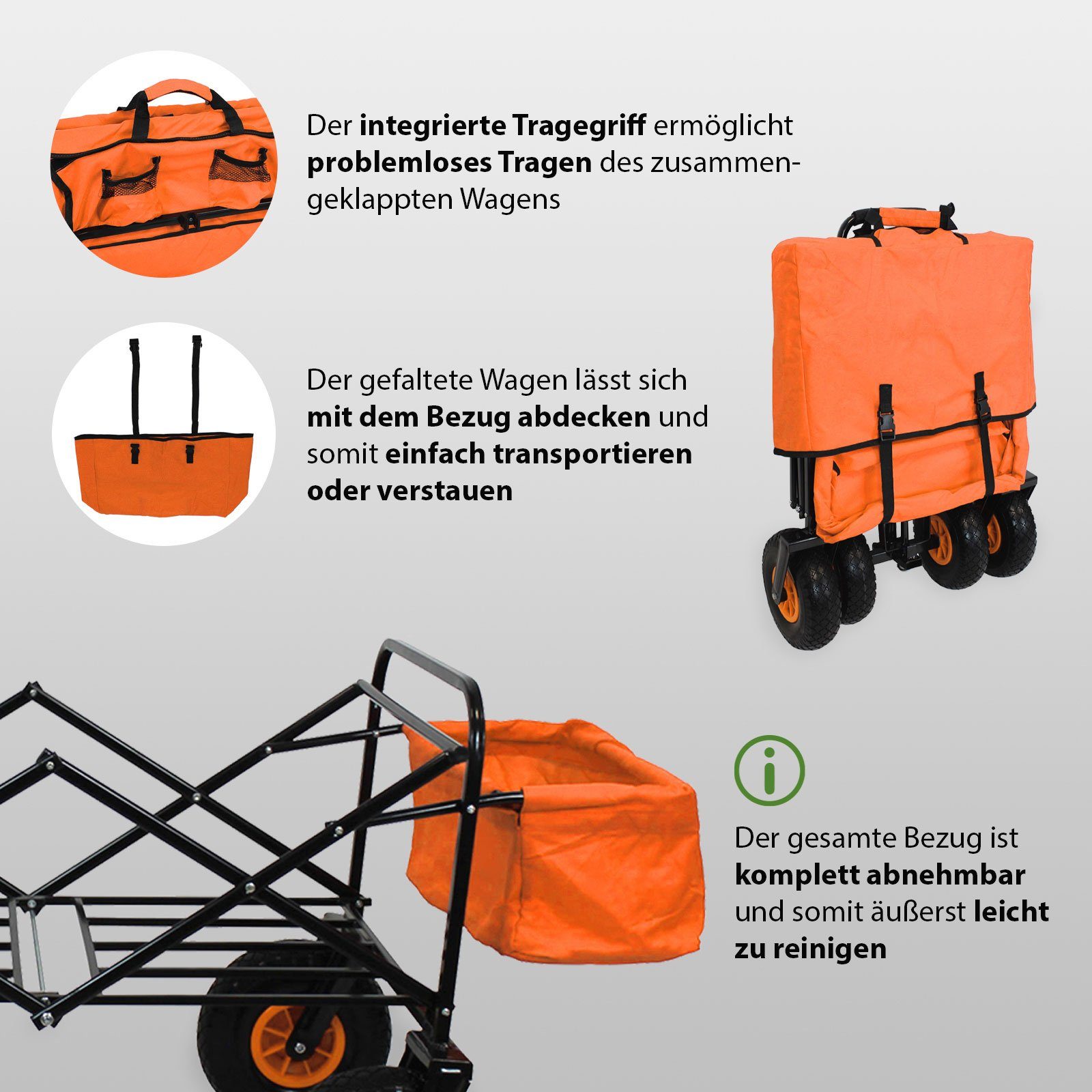 TRUTZHOLM Bollerwagen faltbar mit Vollgummi Rädern, Hecktasche und Teleskopgriff orange