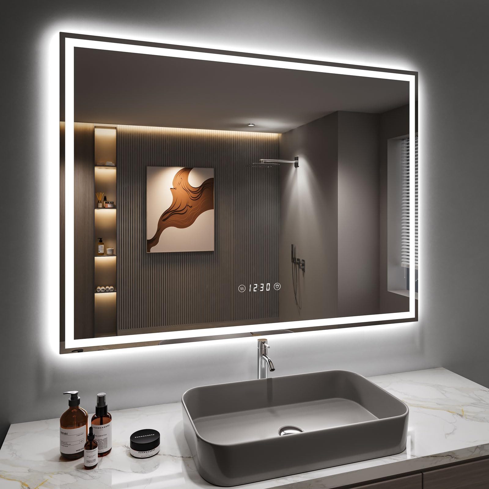 Dripex Badspiegel Badezimmerspiegel Led, 3-fache Bildvergrößerung/ uhr/ steckdose/ 3 Lichtfarbe/ Beschlagfrei