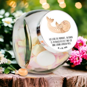 Mr. & Mrs. Panda Vorratsglas XL 2000ml Robbe Liegen - Weiß - Geschenk, Keksedose, Tiere, Süßigkeit, Premium Glas, (1-tlg), Vielseitig einsetzbar
