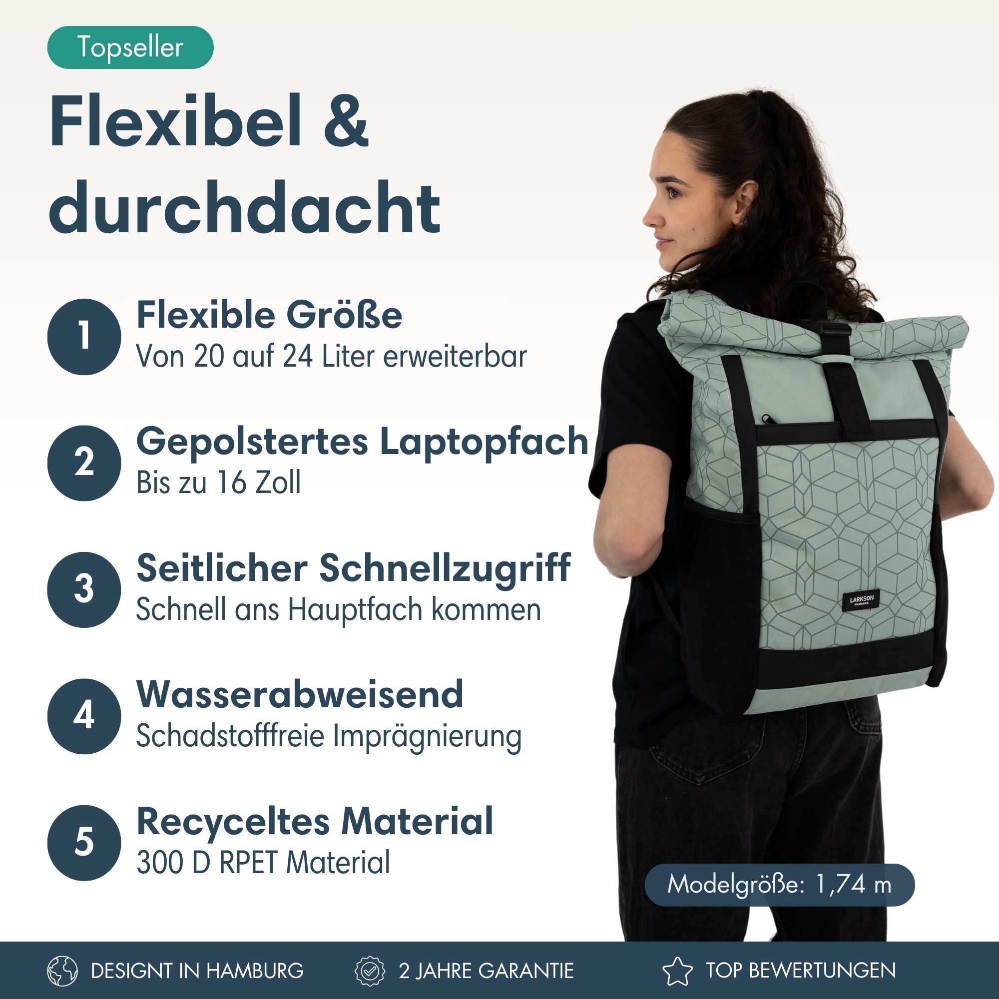 LARKSON Cityrucksack No 2, Rolltop Damen Herren, Laptop Fach (1-tlg), Wasserabweisend