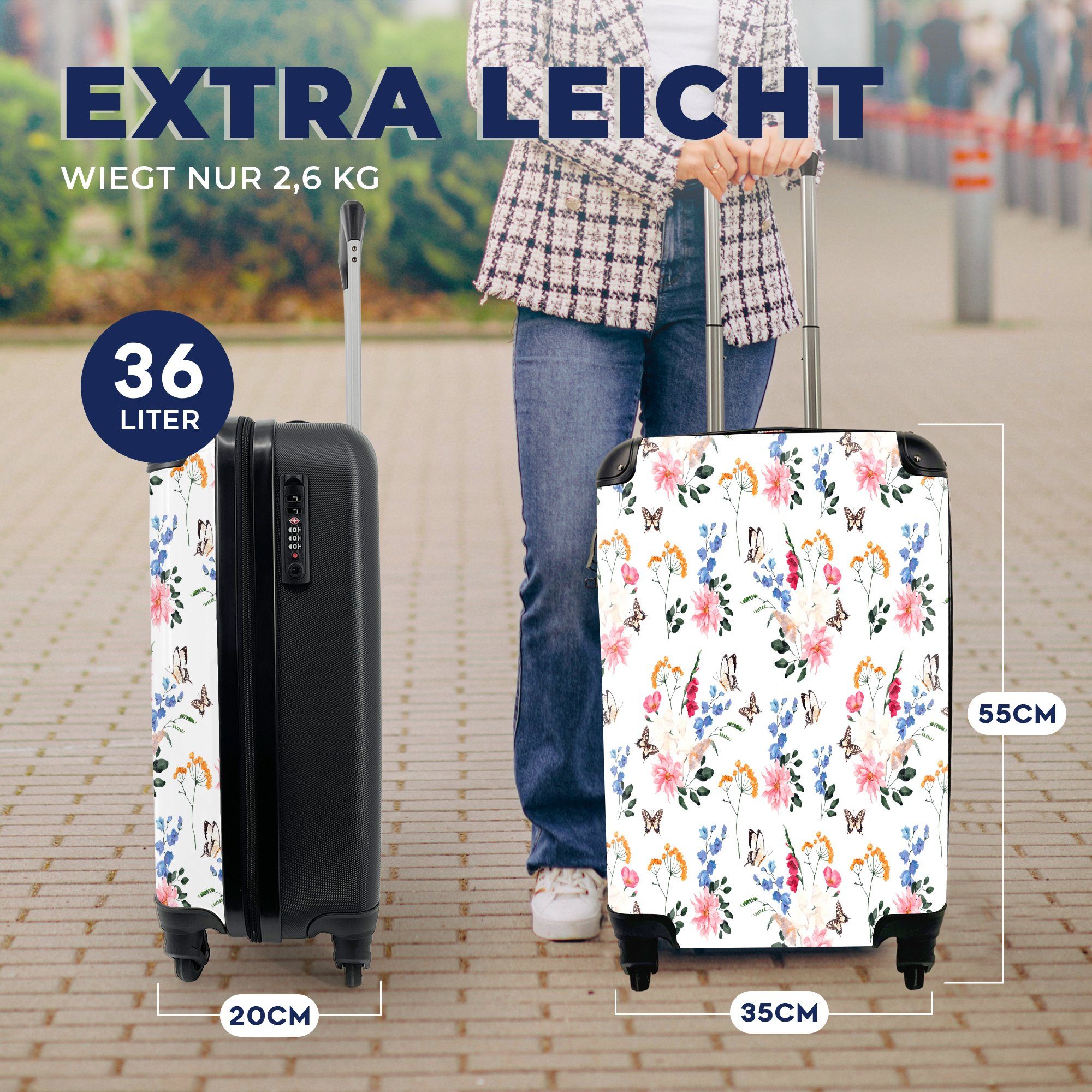 MuchoWow Collage, Ferien, mit Reisekoffer Blumen Trolley, 4 Handgepäck - - Reisetasche für Rollen, Handgepäckkoffer rollen, Schmetterlinge