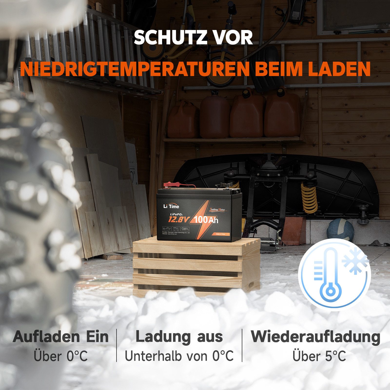 LiTime 12V 100Ah TM LiFePO4 Batterie Bootsbatterie mit Tieftemperaturschutz Solarakkus (12 V), 1280Wh Solarstromspeicher für Elektromotor mit 30-70 lb Schubkraft