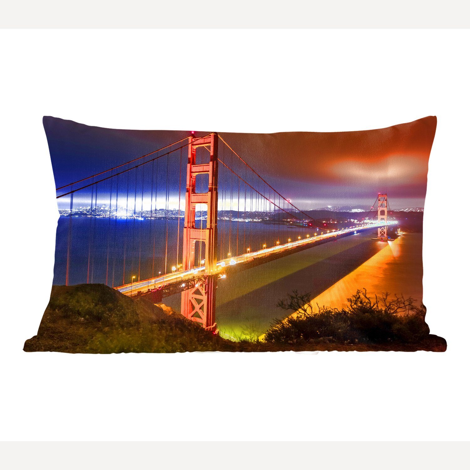 MuchoWow Dekokissen Die Golden Gate Bridge bei Nacht beleuchtet, Wohzimmer Dekoration, Zierkissen, Dekokissen mit Füllung, Schlafzimmer