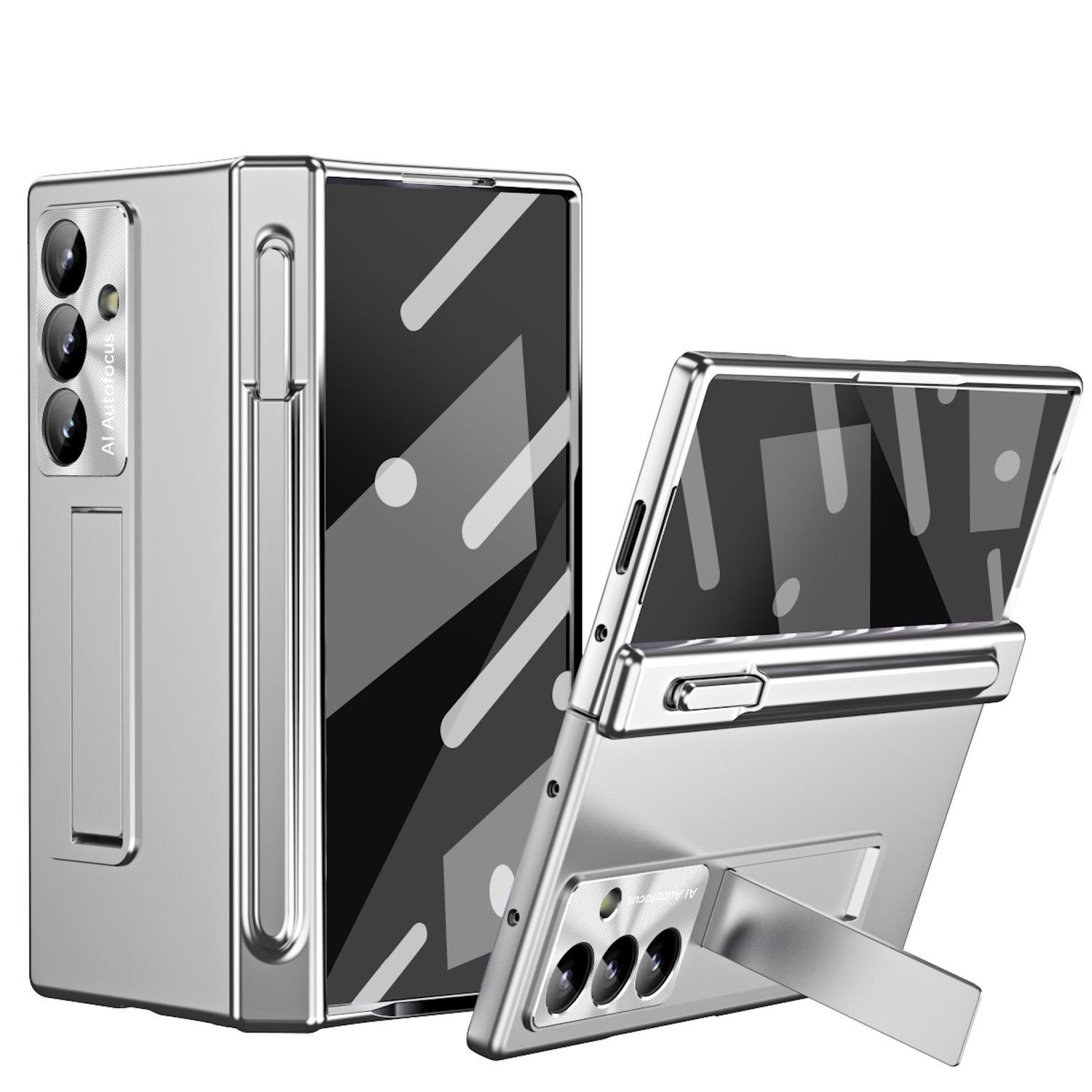 Wigento Handyhülle Für Samsung Galaxy Z Fold7 5G Hülle Stand Stifthalter u. Stift Silber, Hülle mit Stand- und Stifthalterung inklusive Stift