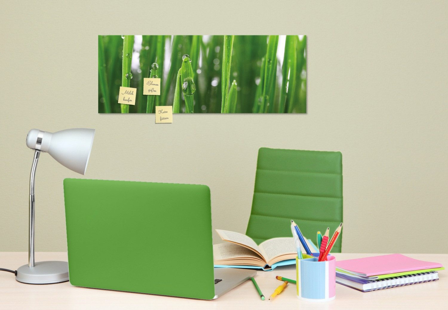 Wallario Memoboard Wassertropfen an Grashalmen