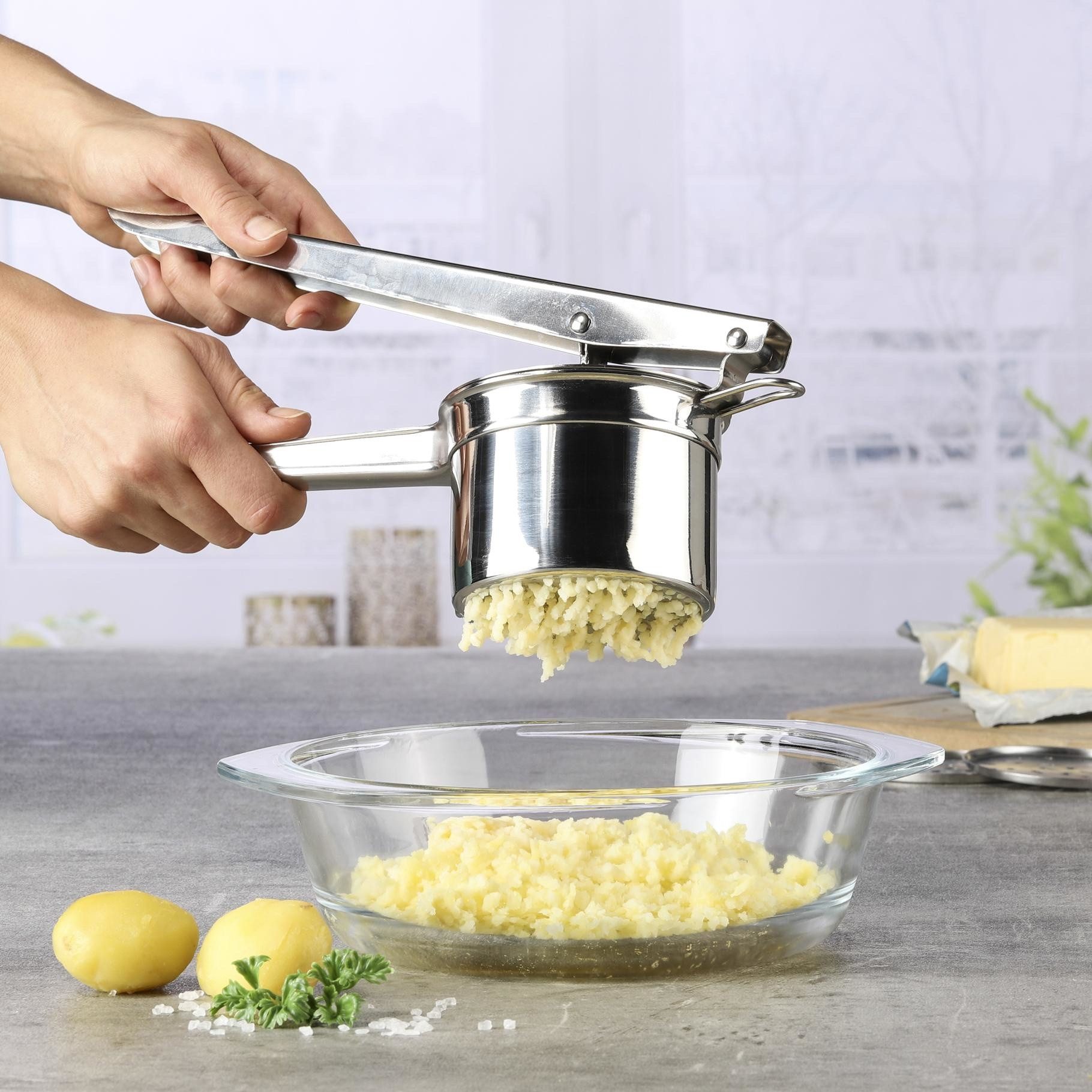HI Gemüsepresse Kartoffelpresse Spätzlepresse mit 3 Lochscheiben Edelstahl HI Papa, Material: Edelstahl