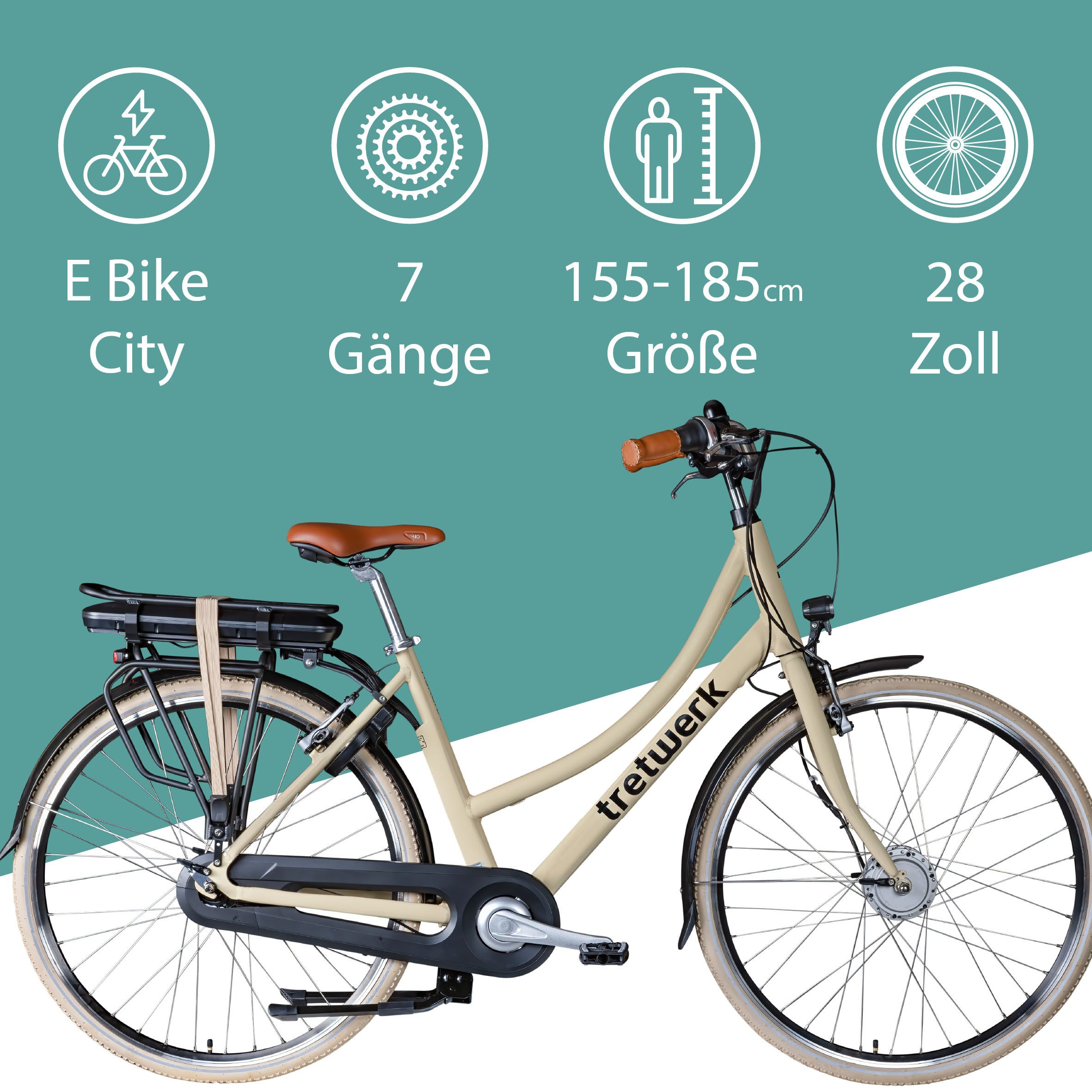 Tretwerk E-Bike Cityrad Aurora, 7 Gang, Nabenschaltung, Frontmotor, 522 Wh, Pedelec, Elektrofahrrad für Damen und Herren
