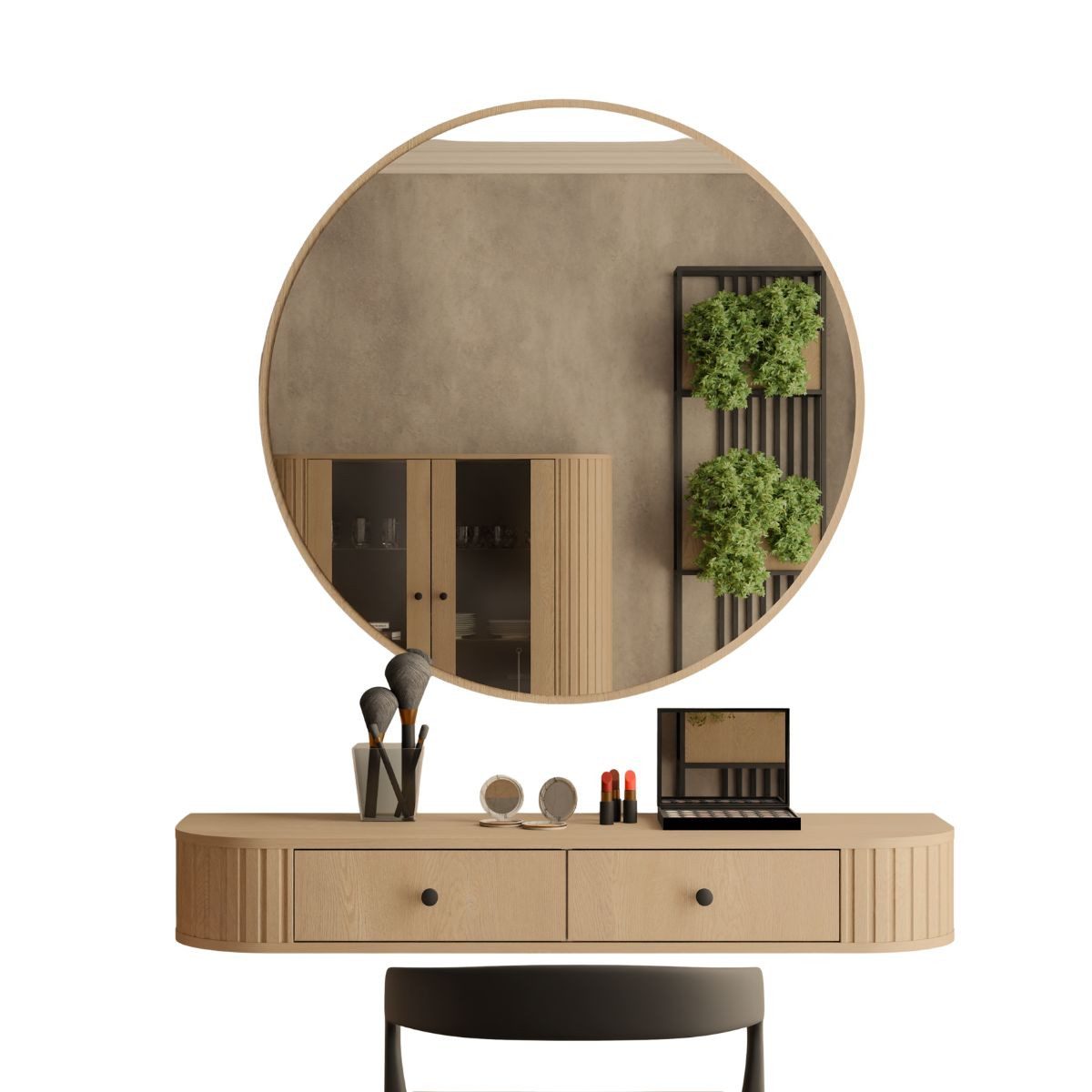 Compleo Schminktisch hängend mit Rund Spiegel, Stil Japandi oder Modern, Eiche cremona oder Beige, Ideal für Flur & Schlafzimmer