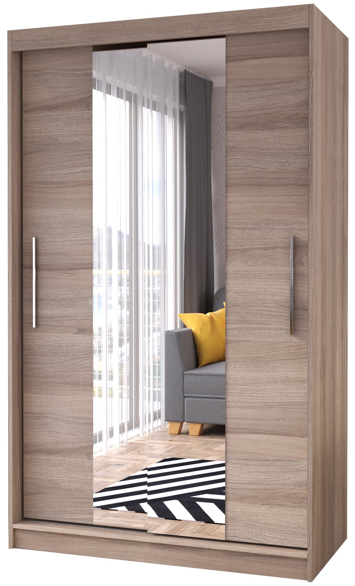 Polini Home Schwebetürenschrank Schwebetürenschrank Prime Comfort 120x200 Spiegel mittig Eichenholzo mit Spiegel eiche (mittelspiegel) | Eiche (Mittelspiegel)