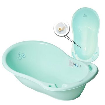 Tega-Baby Babybadewanne 5 TEILE SET H - BUNNIES Minze - Gestell Grau- Babybadeset Abfluss, (Made in Europe Premium Set), ** Babywanne+ Badesitz + Topf + WC Aufsatz+Hocker + Gestell **