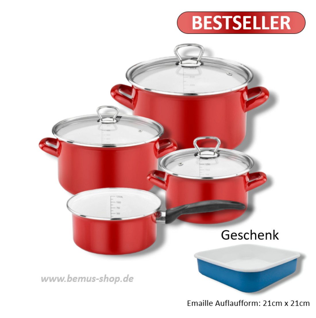 bemus Topf-Set "Red Star" - Rot - Email, Stahl Emaille (7-tlg), 7-tlg., (Induktion), crafted in Germany