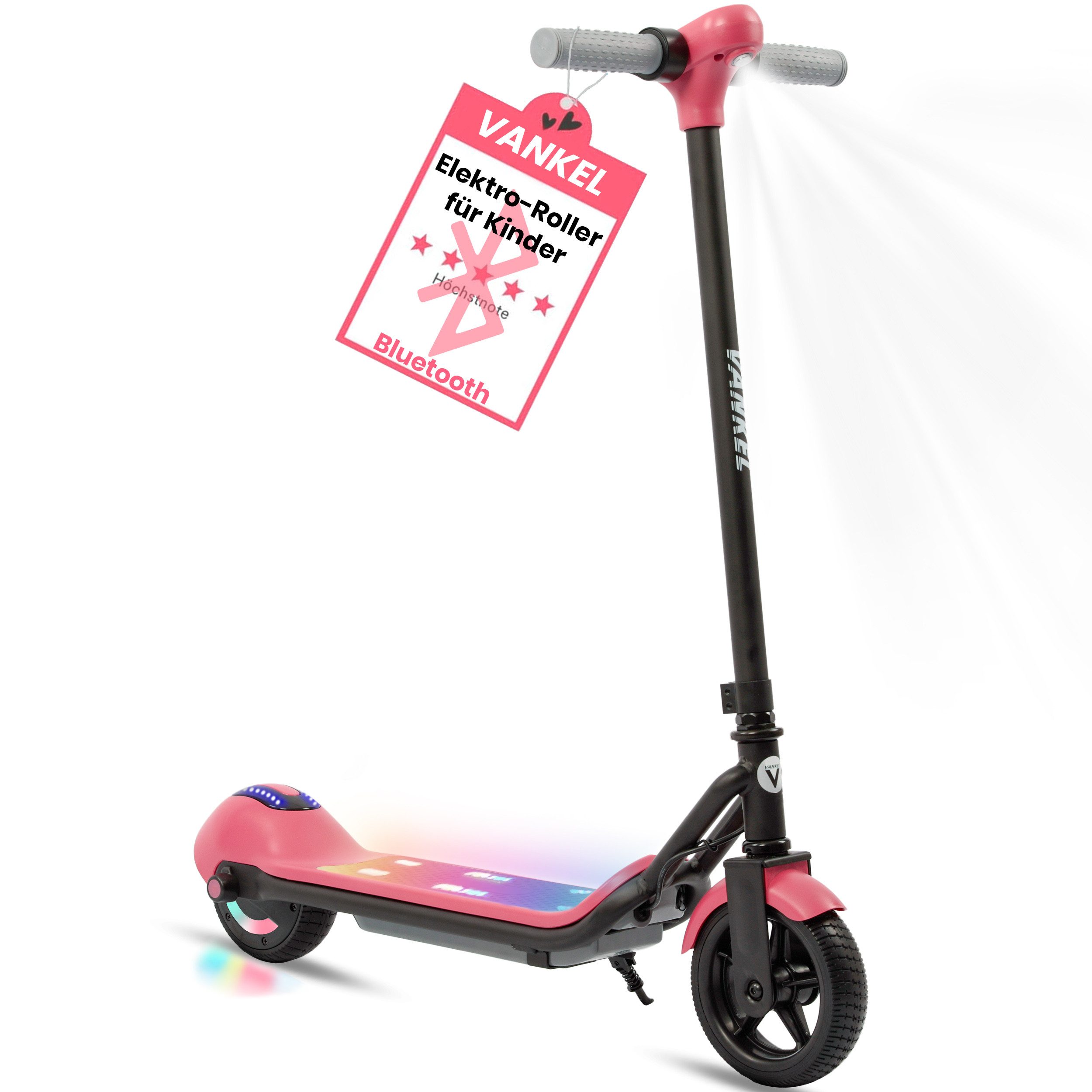 Vankel Elektro-Kinderroller ab 6 Jahre, 6,5'' E-Scooter für Kinder, max.10km, Bluetooth-Funktion, 14km/h, Cityroller kinder, Bunte Leuchten, LED Display