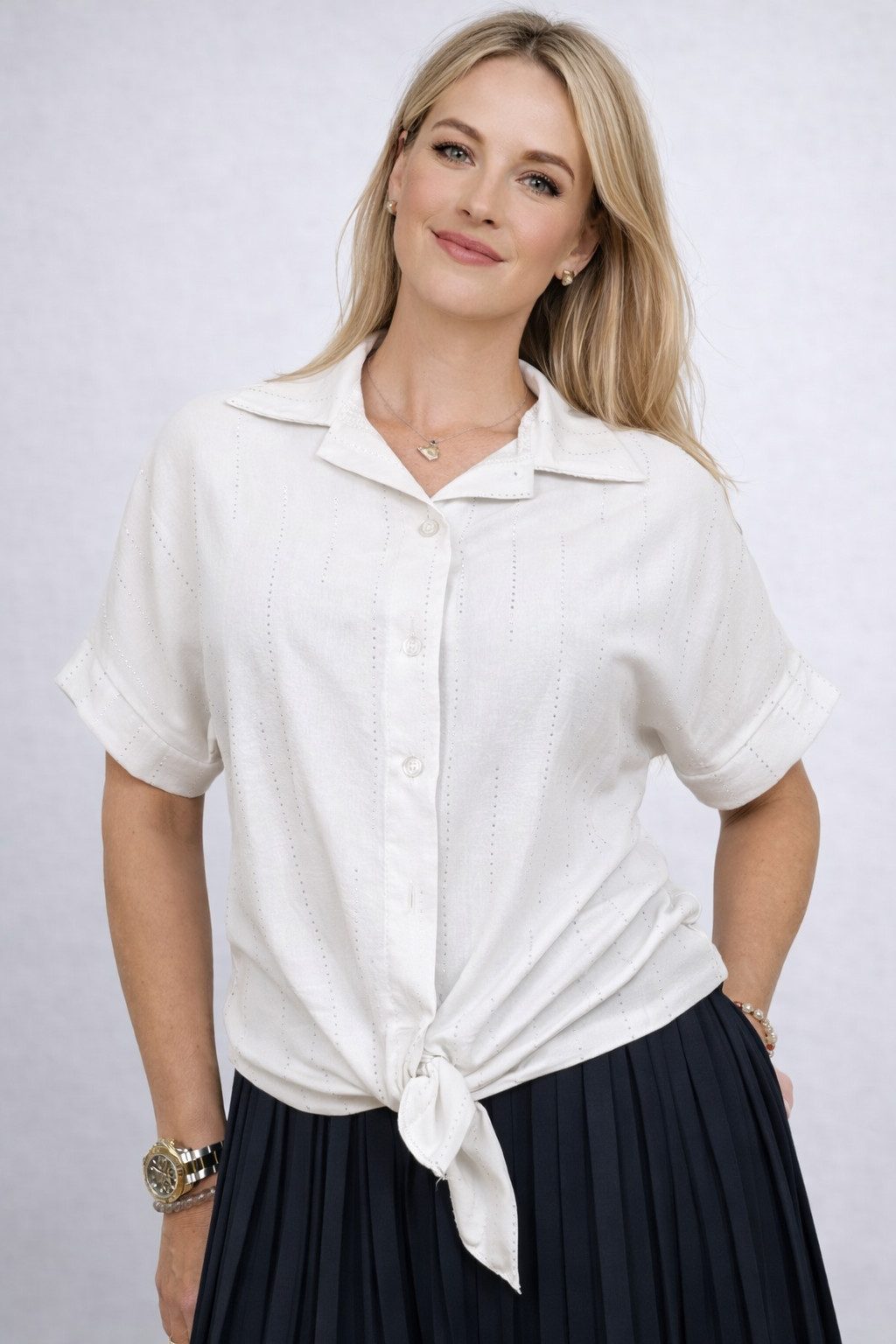 ITALY VIBES Kurzarmbluse - sommerliche Bluse - Strassdetails - Bindeknoten - elegante Bluse ONE SIZE / passend für Größe S - XL