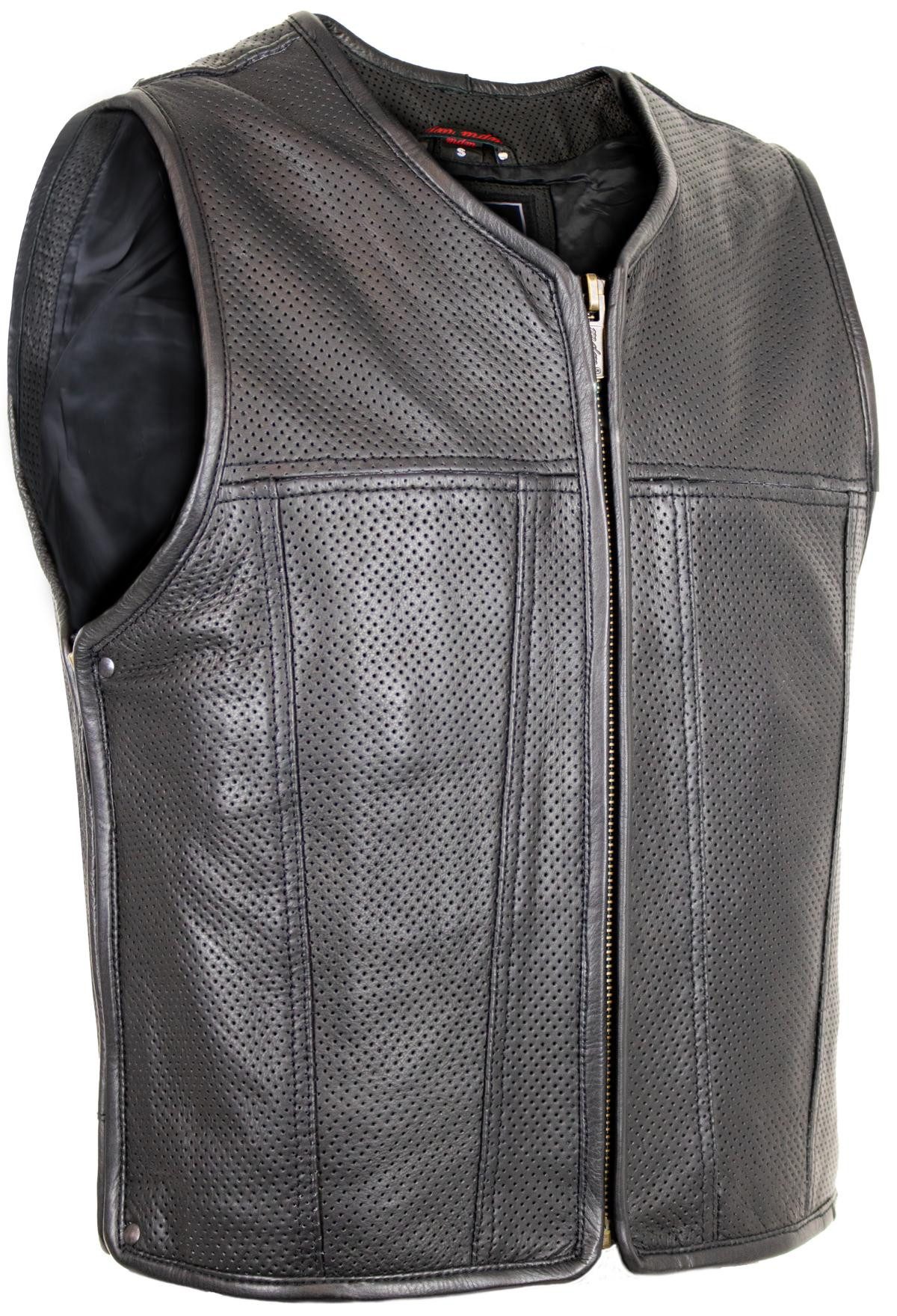 MDM Lederweste Herren Lederweste Biker Leder Kutte perforiert mit Reißverschluss Echtleder, perforiert für Belüftung, seitlich erweiterbar