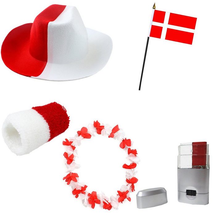 Sonia Originelli Kostüm Fanset Fanartikel Dänemark Denmark Dansk Hut Blumenkette Schminkstift Fahne