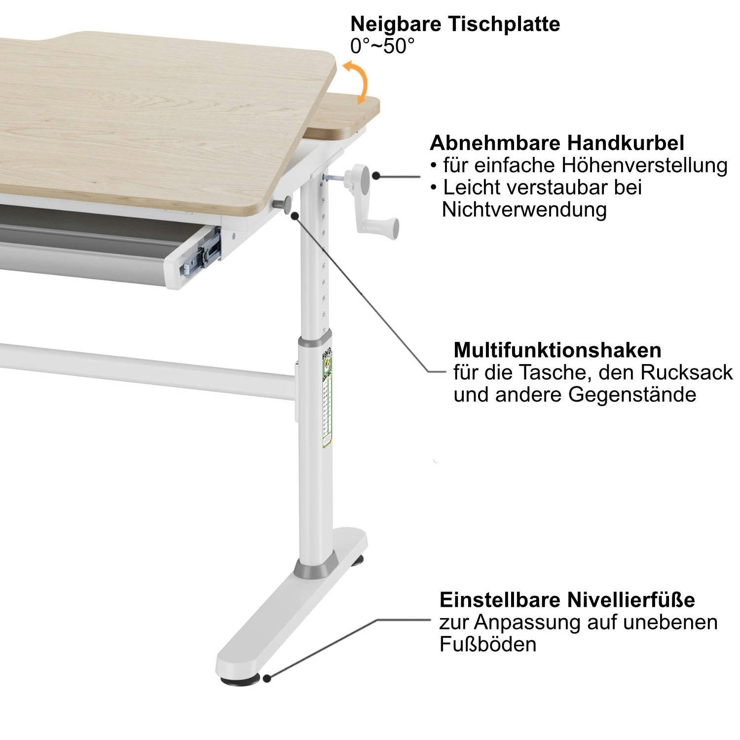 HOKO Kinderschreibtisch höhenverstellbar für Kinder ab 6 Jahren (Schreibtisch-Set, mit 90x20 cm Aufsatz, Buchstütze, 1 Schublade, Haken und Handkurbel), 100x60 cm Fläche, Klemmmontage ohne Bohren, Holzoptik, LUKA & ALVO